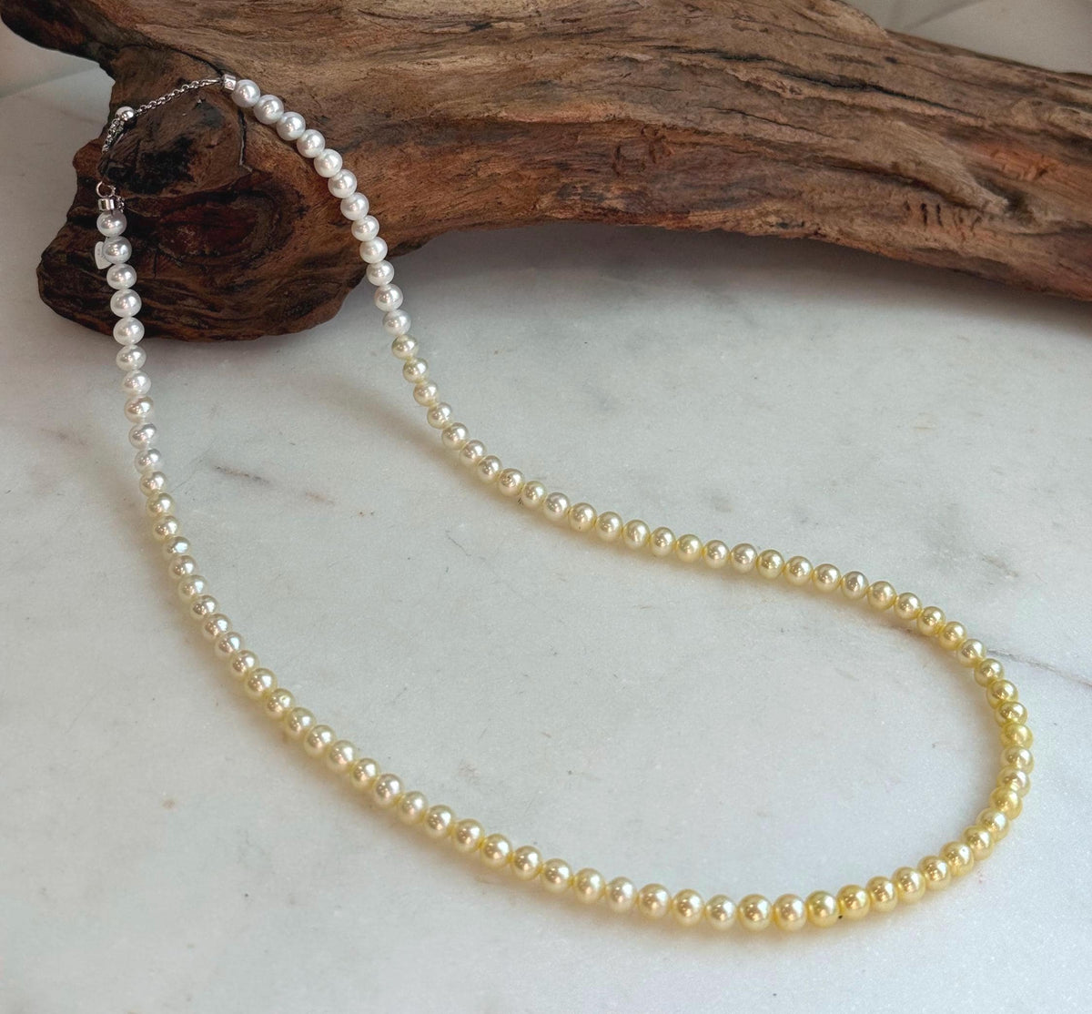 Elly’s 4.7–5mm White to Golden Gradient Freshwater Pearl Necklace | Genuine Pearl Strand | Mirror Luster | 18.9” | S925 Silver