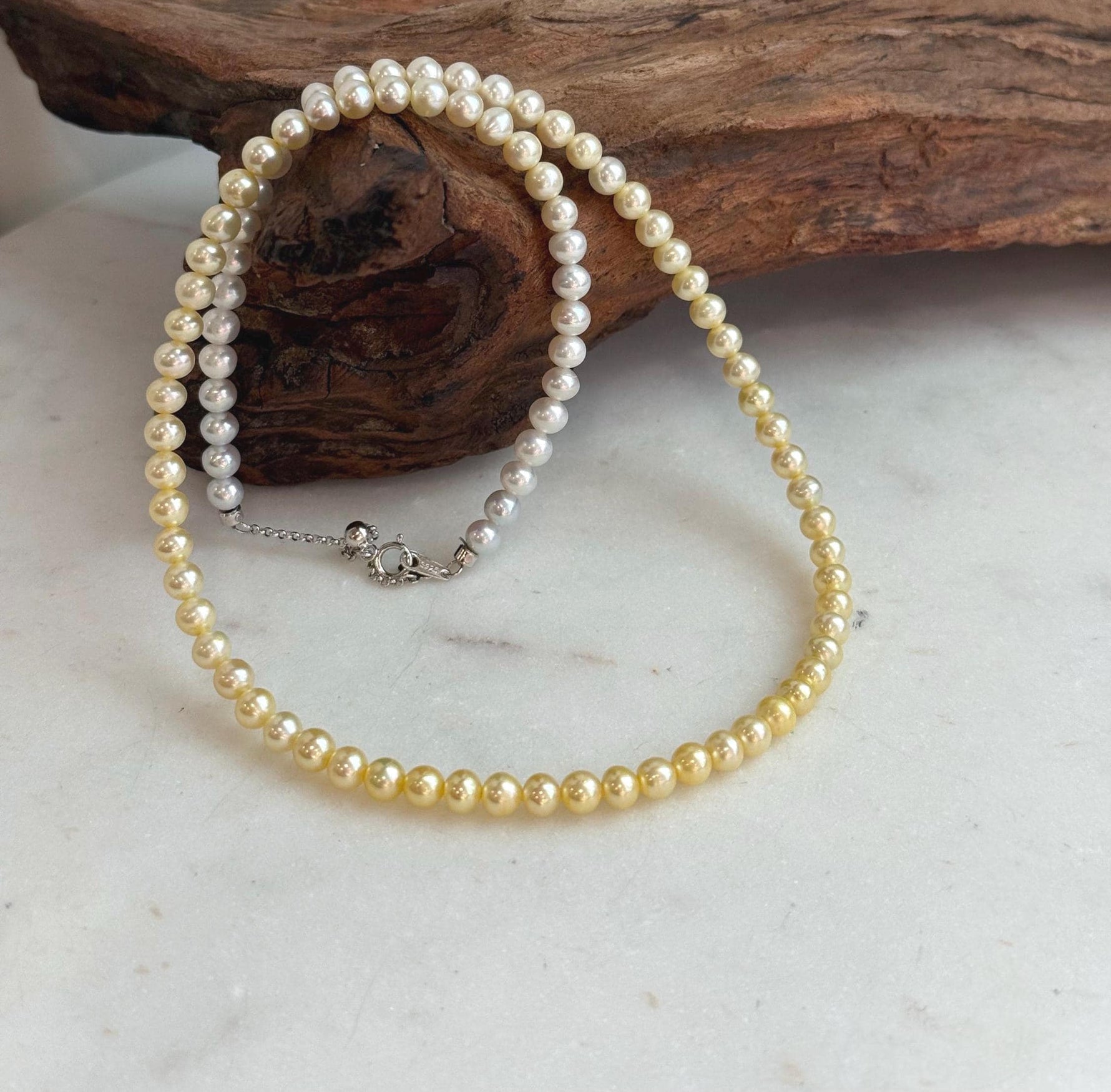 Elly’s 4.7–5mm White to Golden Gradient Freshwater Pearl Necklace | Genuine Pearl Strand | Mirror Luster | 18.9” | S925 Silver