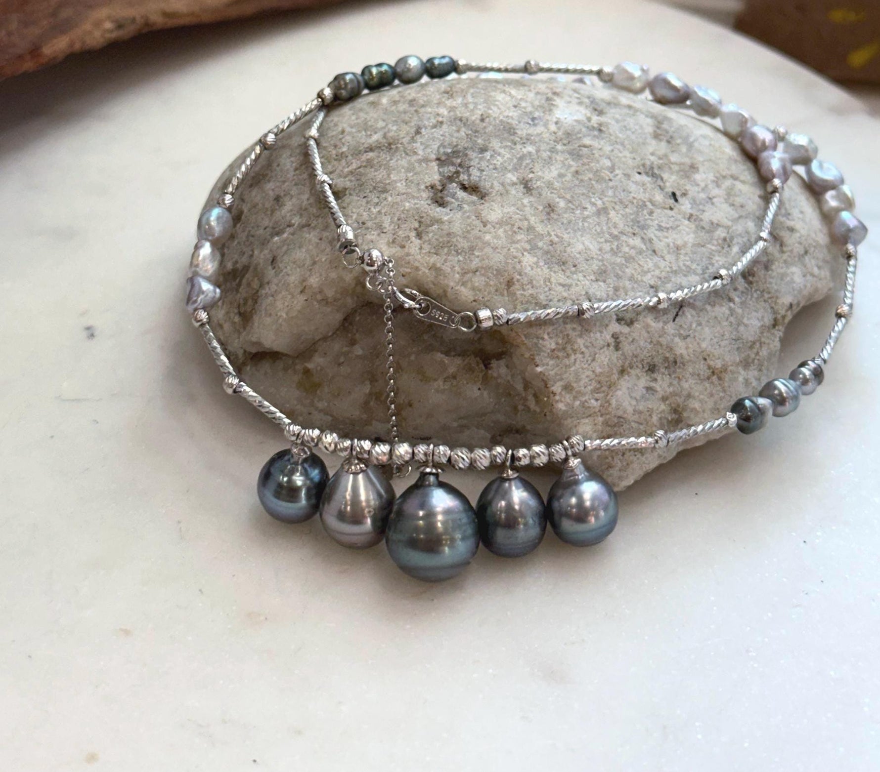 Five genuine multicolor saltwater pearls on S925 silver necklace