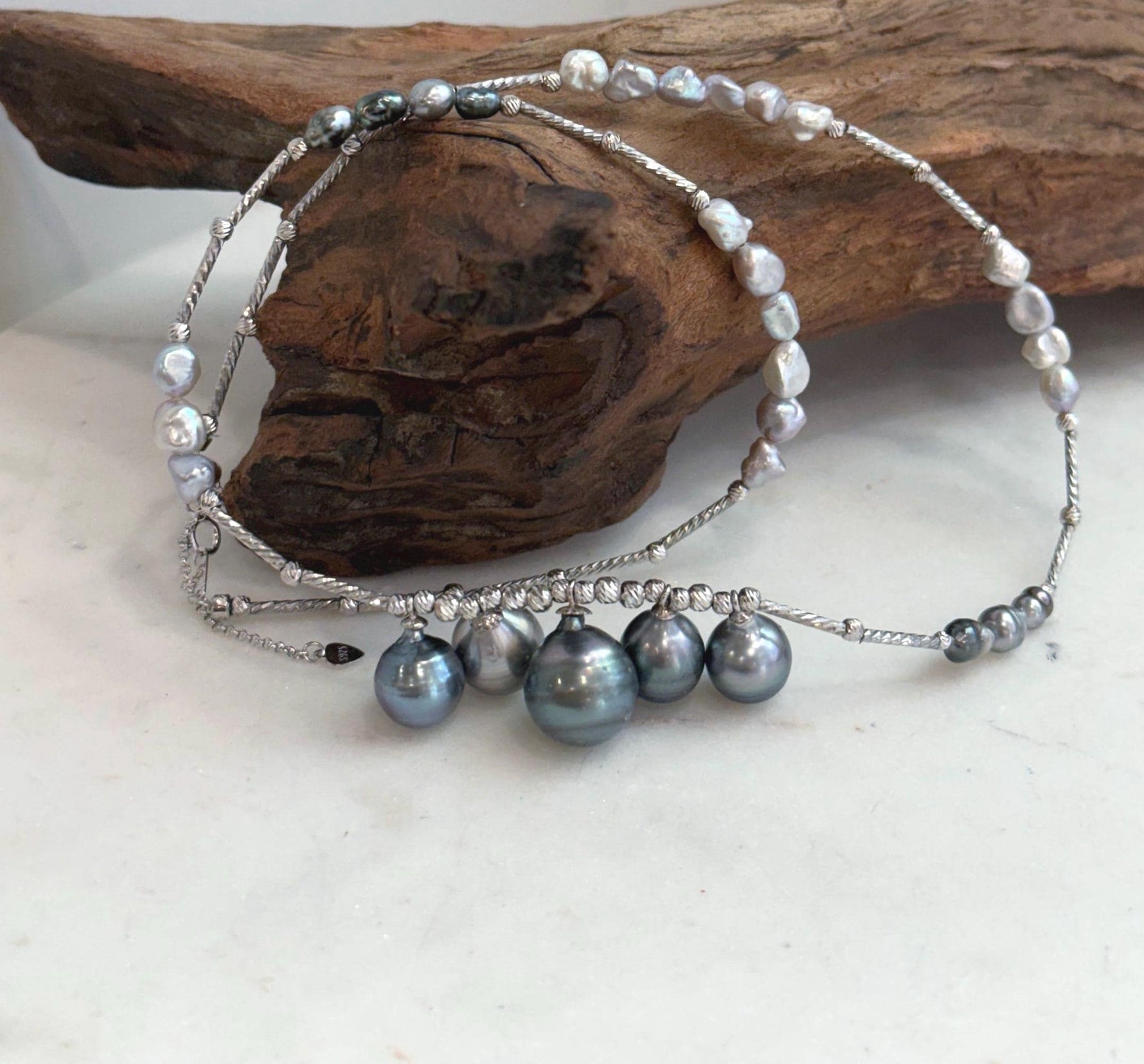 Minimalist five pearl necklace featuring genuine ocean pearls