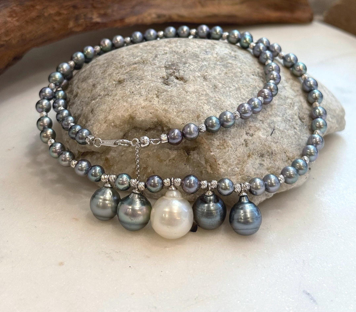 South Sea white and Tahitian black pearl minimalist necklace
