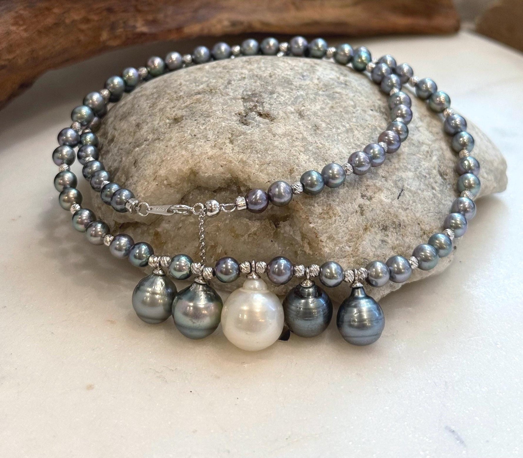 South Sea white and Tahitian black pearl minimalist necklace