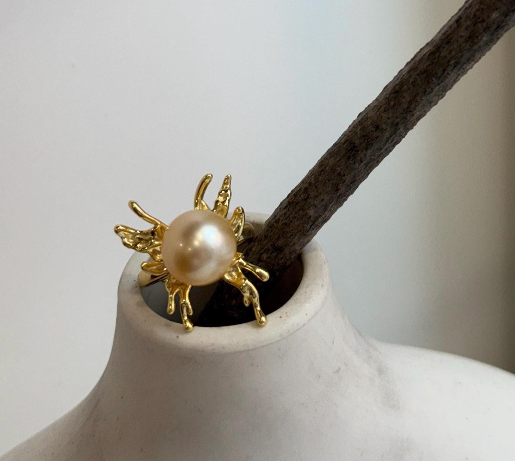 Luxury South Sea golden pearl butterfly ring crafted with genuine saltwater pearl and S925 sterling silver.
