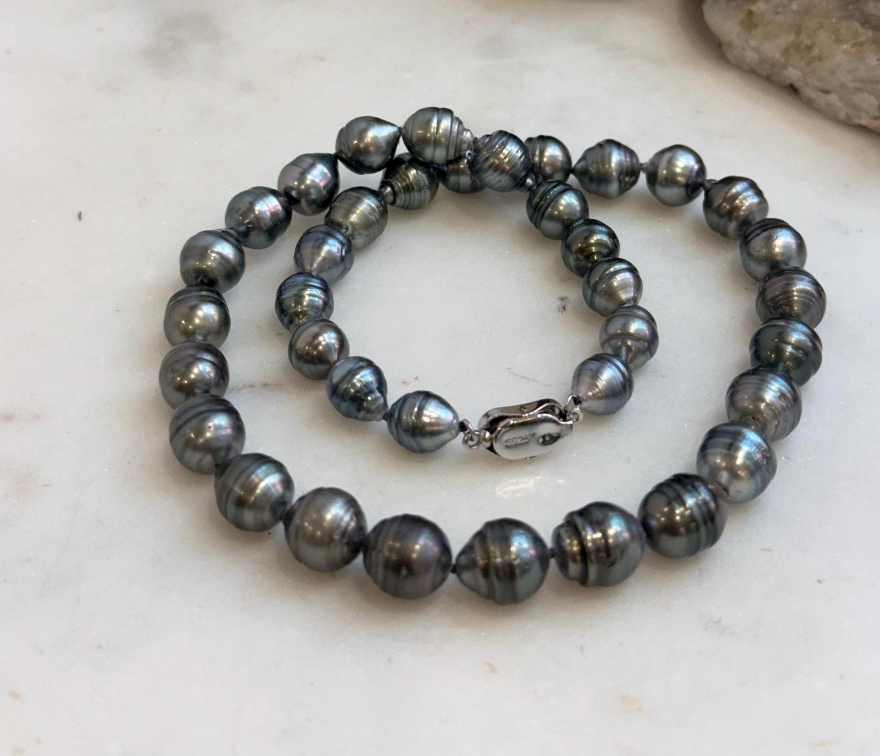 Elly’s 8–10mm Tahitian Platinum Black Pearl Necklace | 37 Genuine Saltwater Pearls | Mirror Luster | Hand Knotted | 16.7” | S925 Silver