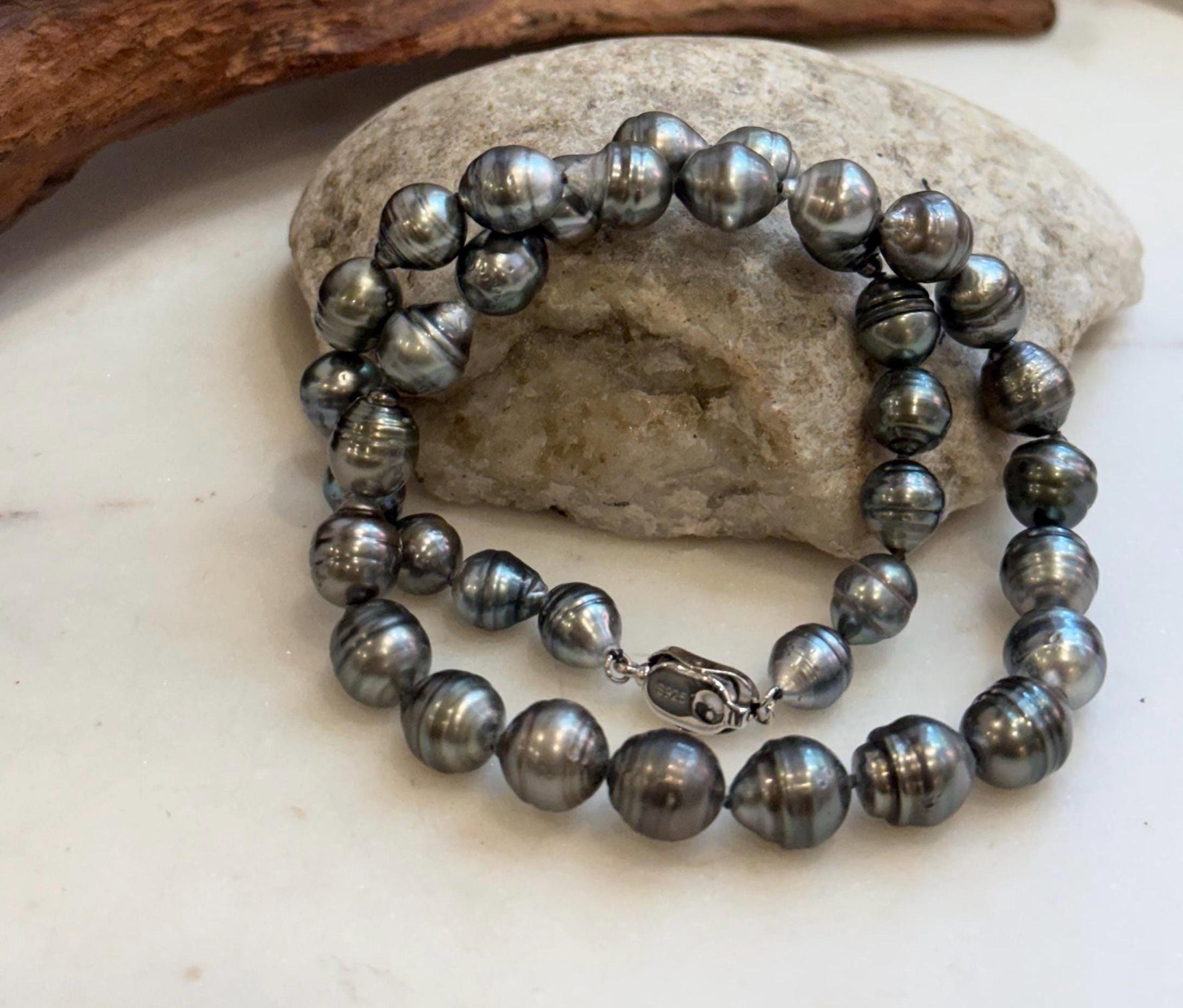 Elly’s 8–10mm Tahitian Platinum Black Pearl Necklace | 37 Genuine Saltwater Pearls | Mirror Luster | Hand Knotted | 16.7” | S925 Silver