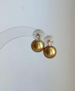 Luxury 11.3mm golden pearl stud earrings crafted with genuine freshwater pearls and S925 silver.