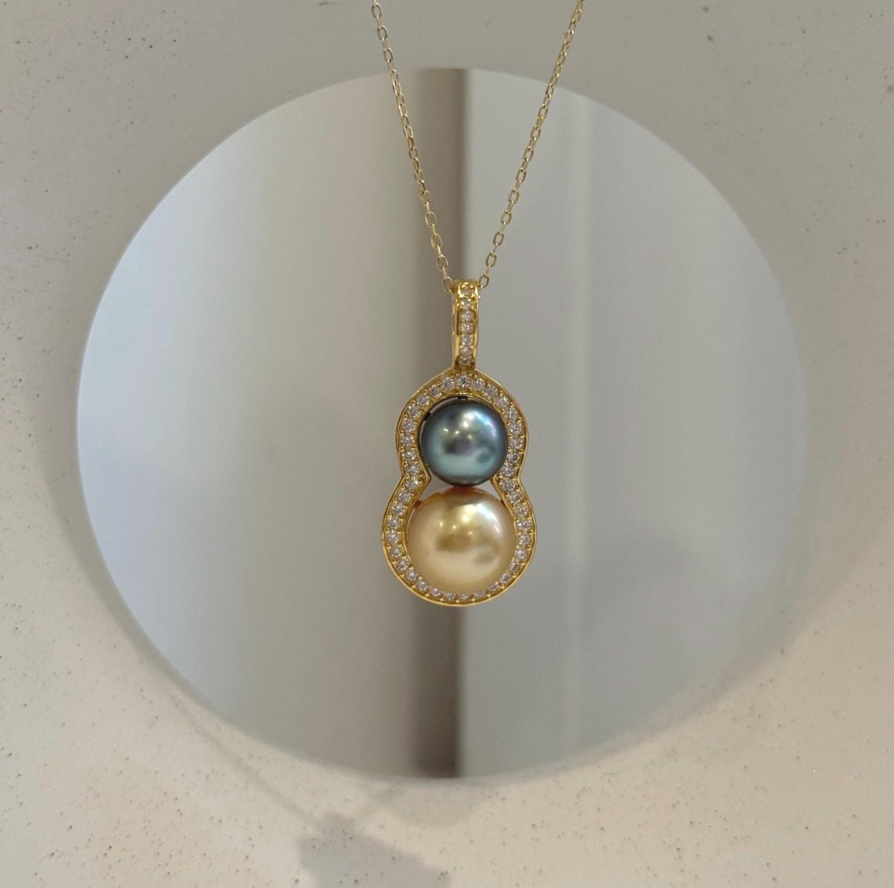 Double South Sea golden and Tahitian pearl gourd pendant in S925 sterling silver