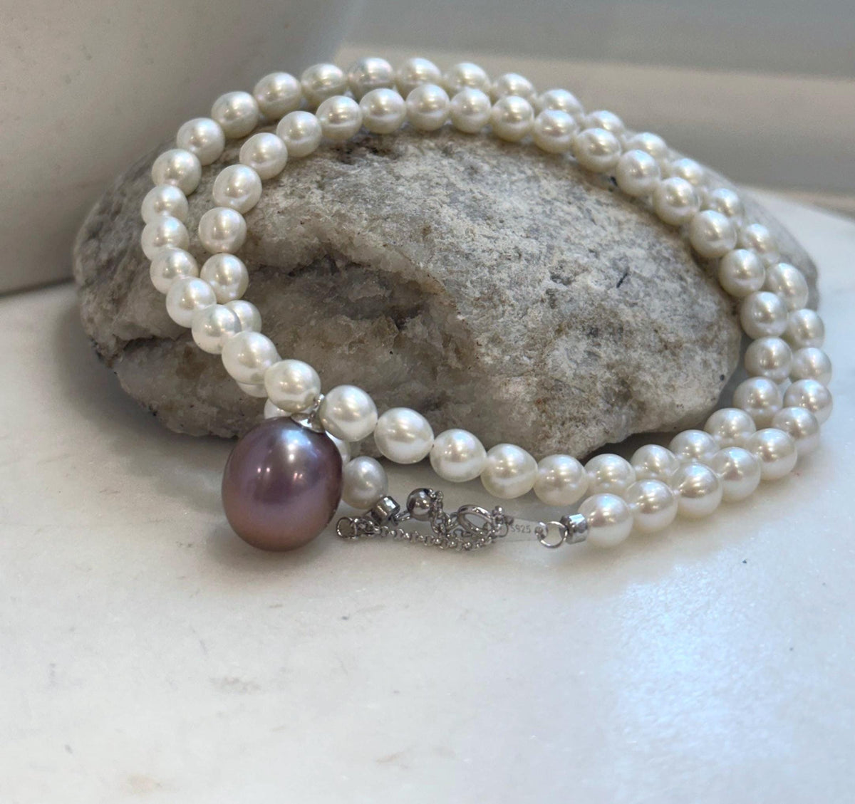 Elly’s 12.9mm Purple Edison Pearl Pendant Necklace | 5.6–6mm White Freshwater Pearls | Mirror Luster | S925 Sterling Silver