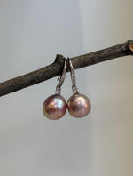 Genuine Edison pearl hook earrings with large 12.2mm pink gold pearls and S925 sterling silver.