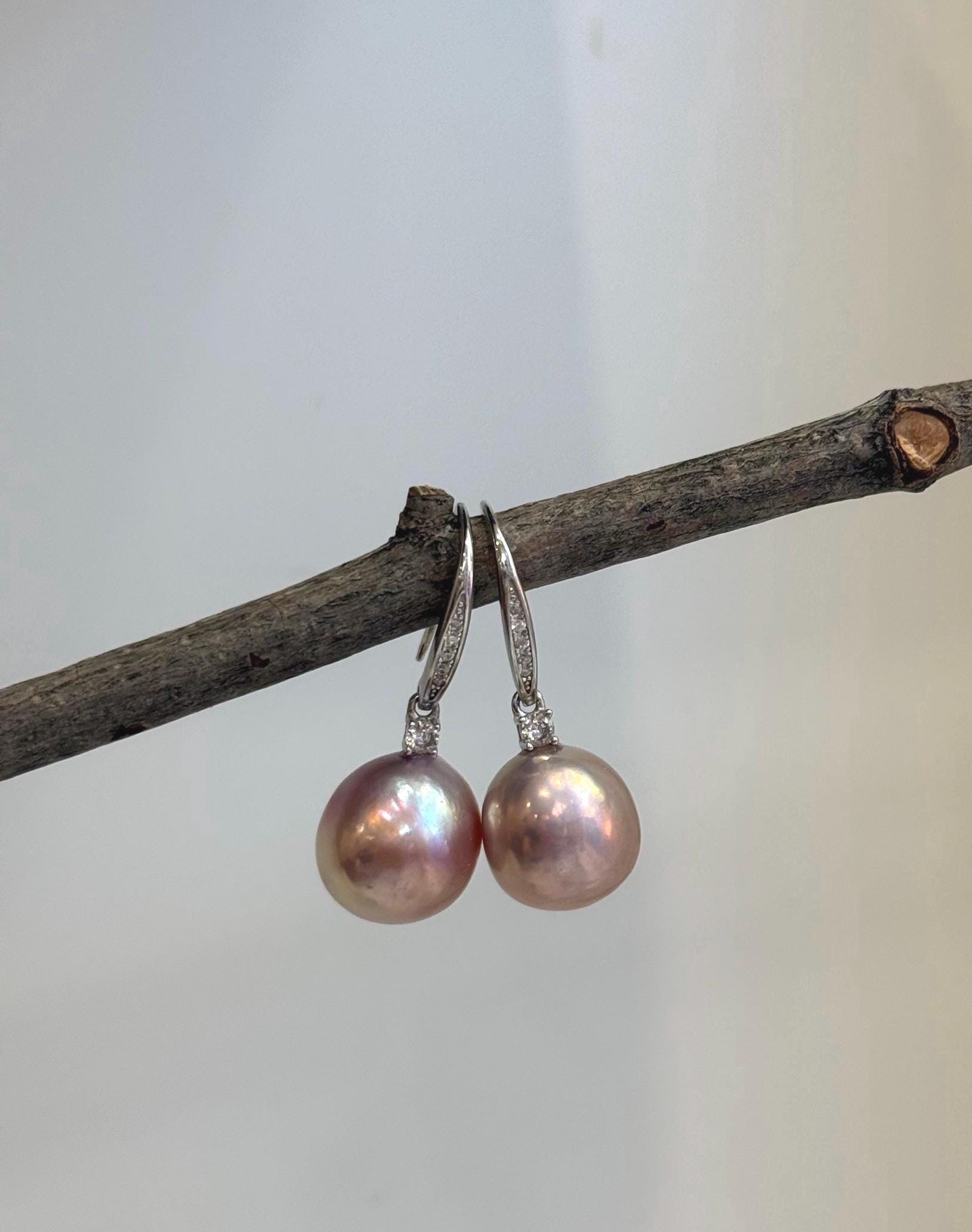 1. 2mm Edison pink gold pearl hook earrings with extreme mirror luster and S925 sterling silver settings.