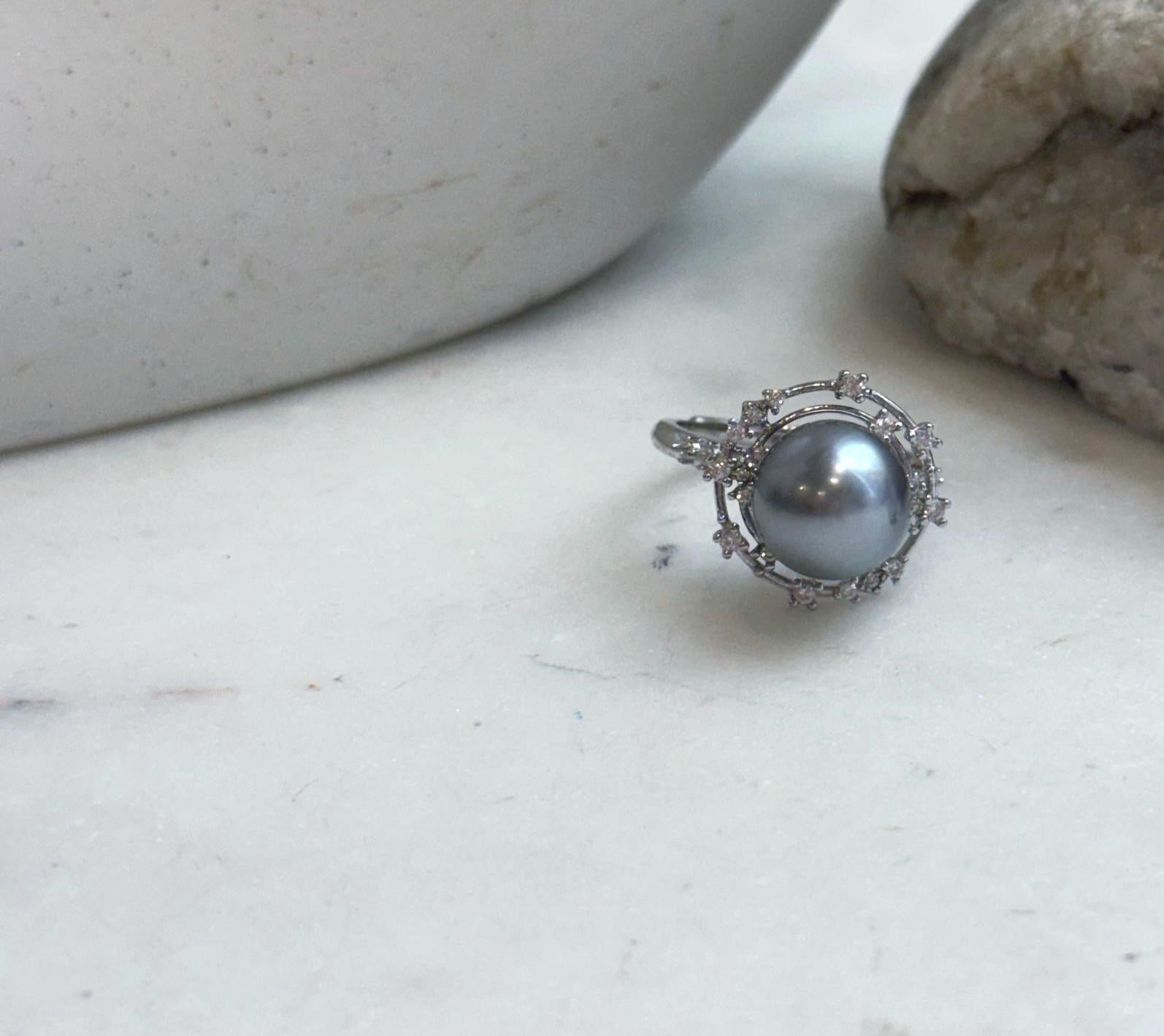 S925 sterling silver adjustable ring with luminous Tahitian ocean pearl