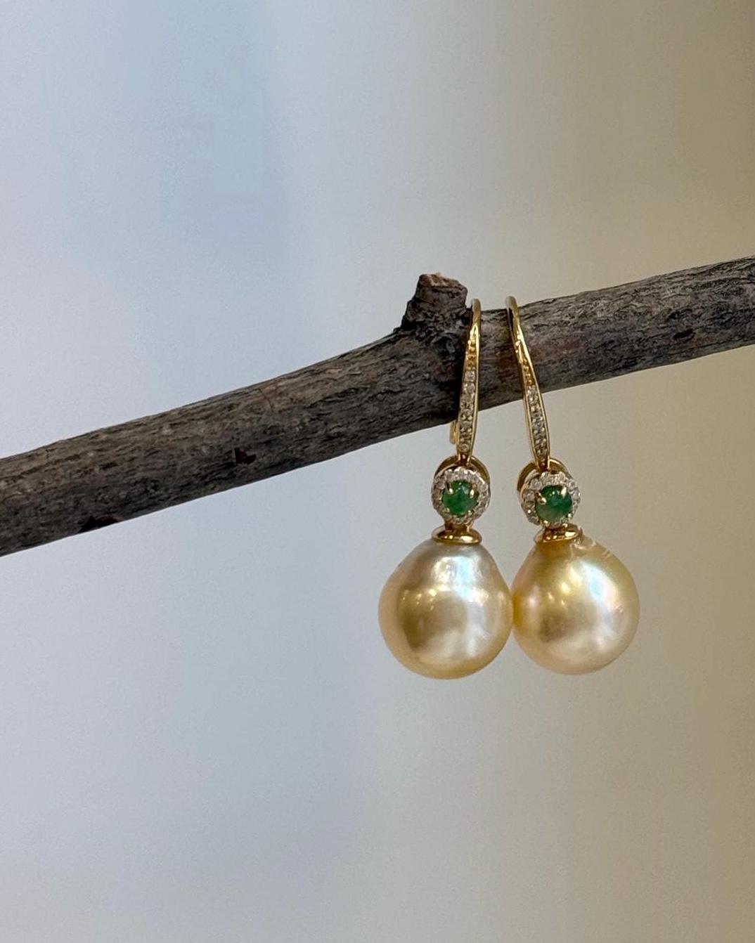 Genuine 9.4mm South Sea golden saltwater pearl earrings with beautiful ultra gold color.