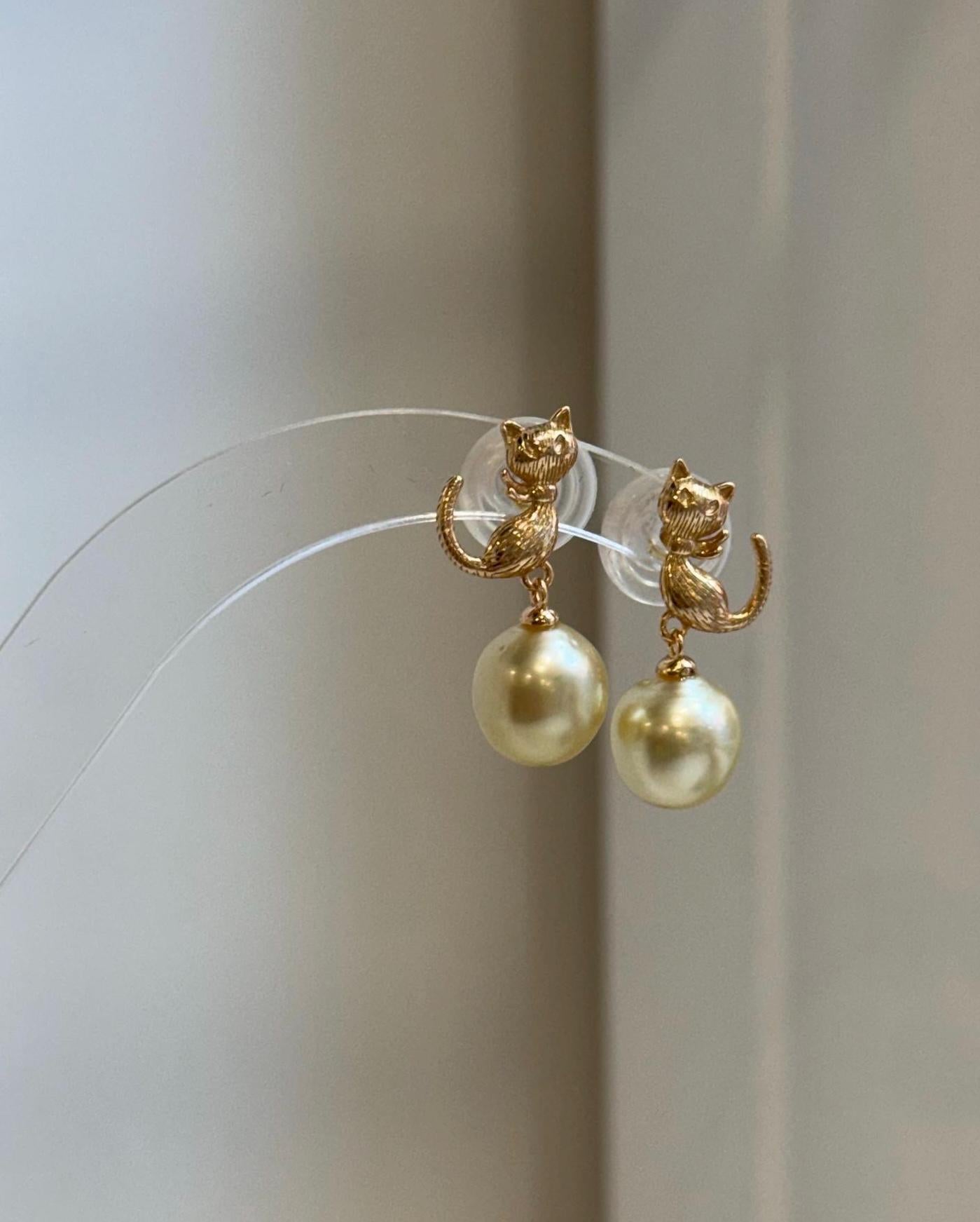 Luxury South Sea ultra gold pearl cat earrings with beautiful round saltwater pearls and brilliant luster.