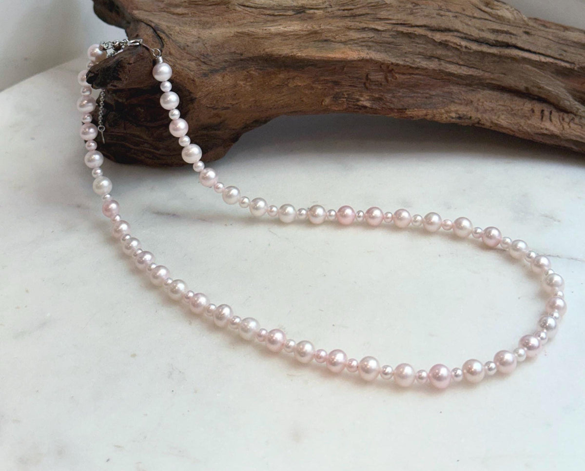 Genuine pale pink pearl necklace with graduated 3.5–6.5mm freshwater pearls and S925 sterling silver.