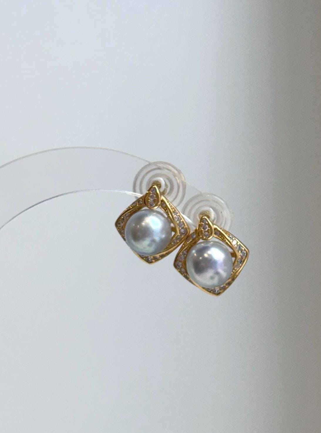 Genuine Akoya pearl earrings featuring natural ocean blue silver tones and S925 sterling silver
