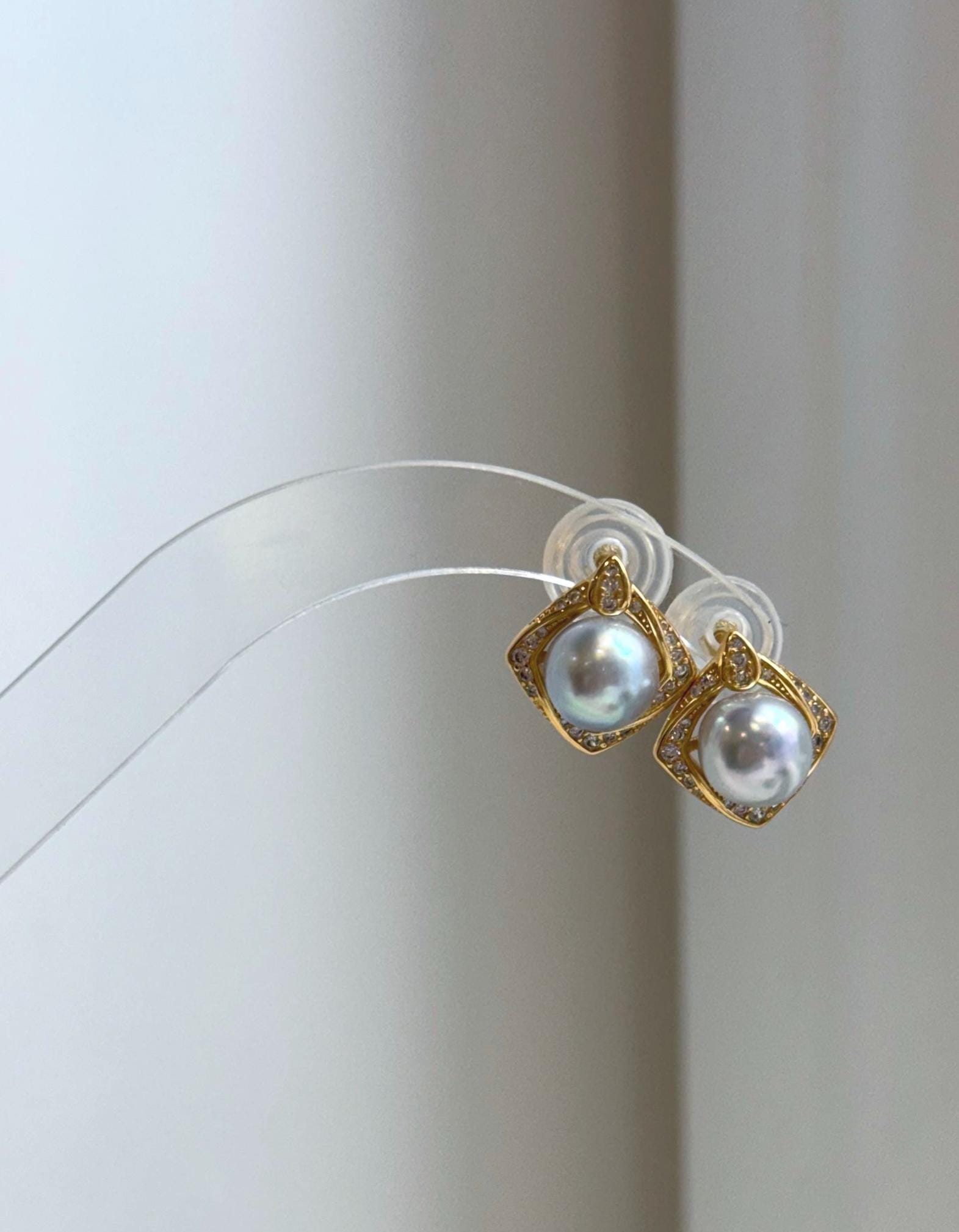 8.4mm blue silver Akoya saltwater pearl earrings with luminous mirror-like shine