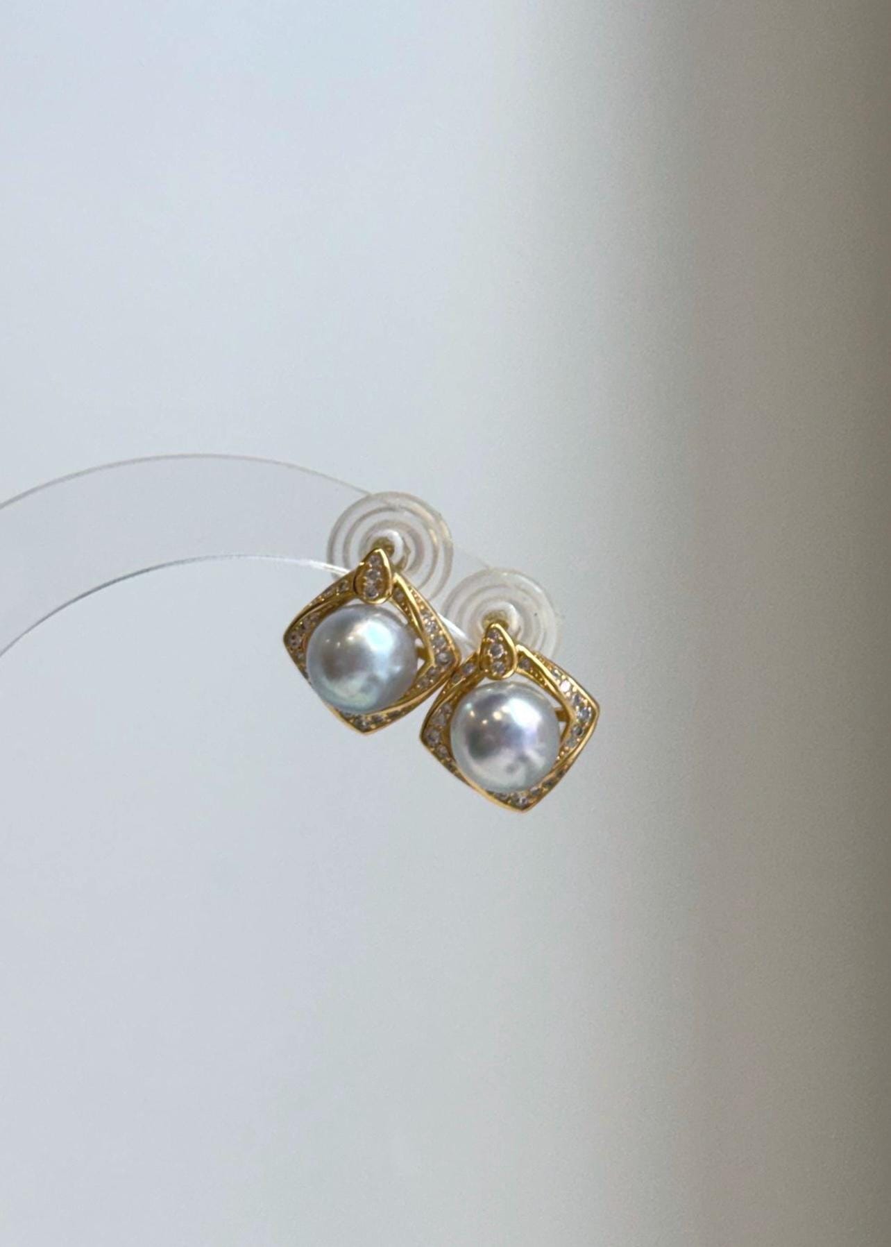 Japanese style Akoya ocean blue silver pearl earrings with bright reflective luster