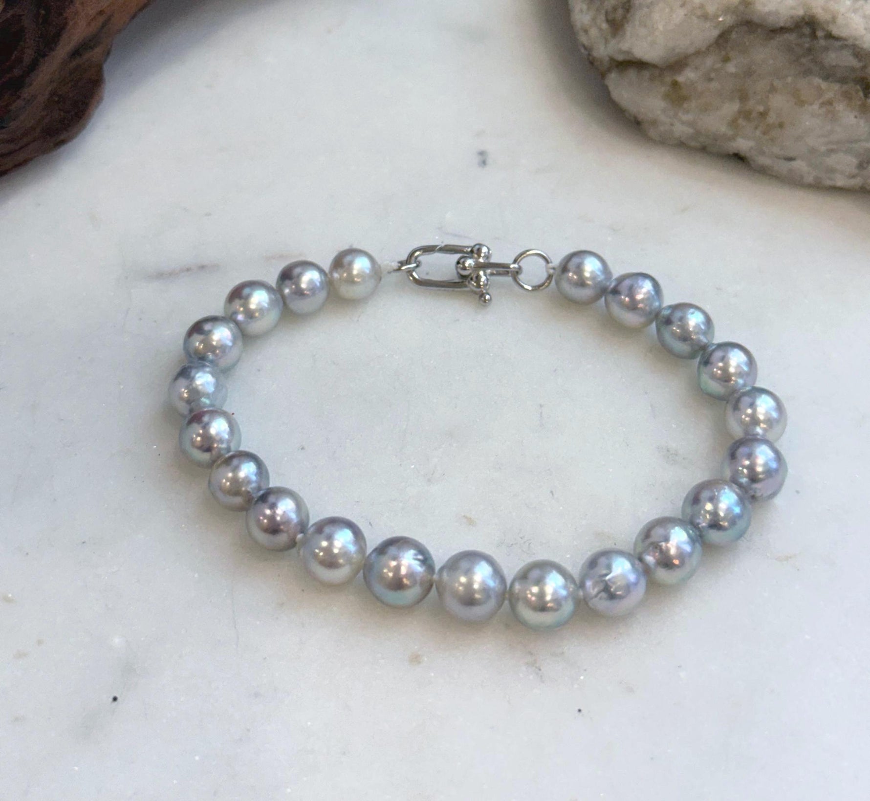 Elly’s 7.4-8mm Japanese Akoya Pearl Bracelet | Genuine Ocean Pearls | 21 Pearls | Mirror Luster | S925 Sterling Silver | 7.5” Gift