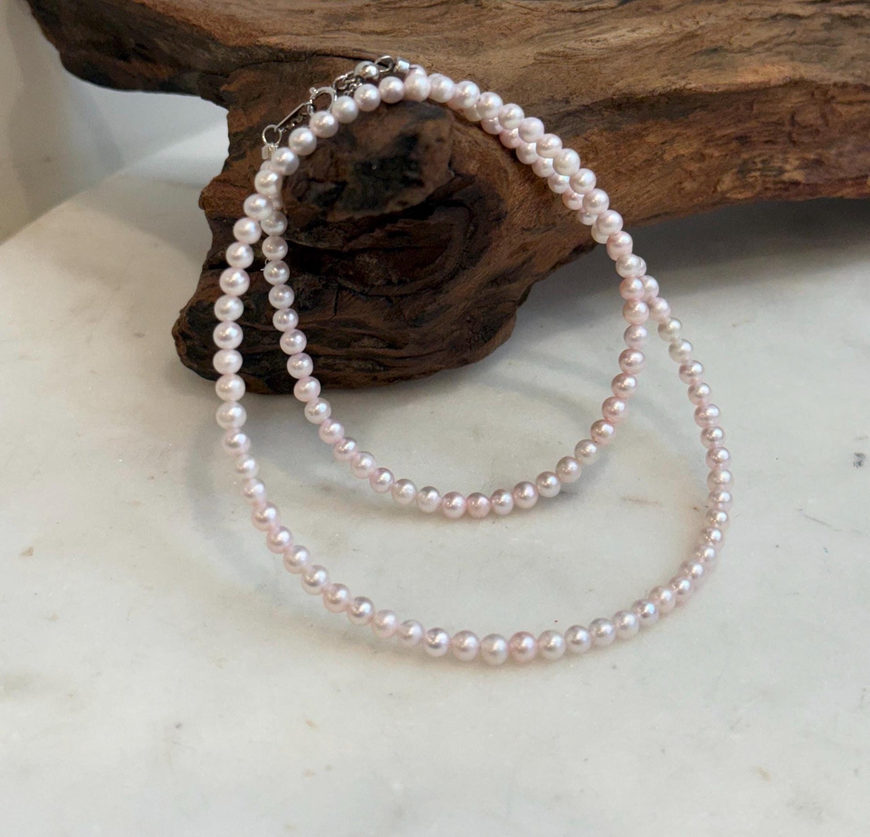 Elly’s Pale Pink Small Pearls Necklace Strand: Extreme luster mirrored,3.7-3.9mm, 17.7”, S925 silver necklace.