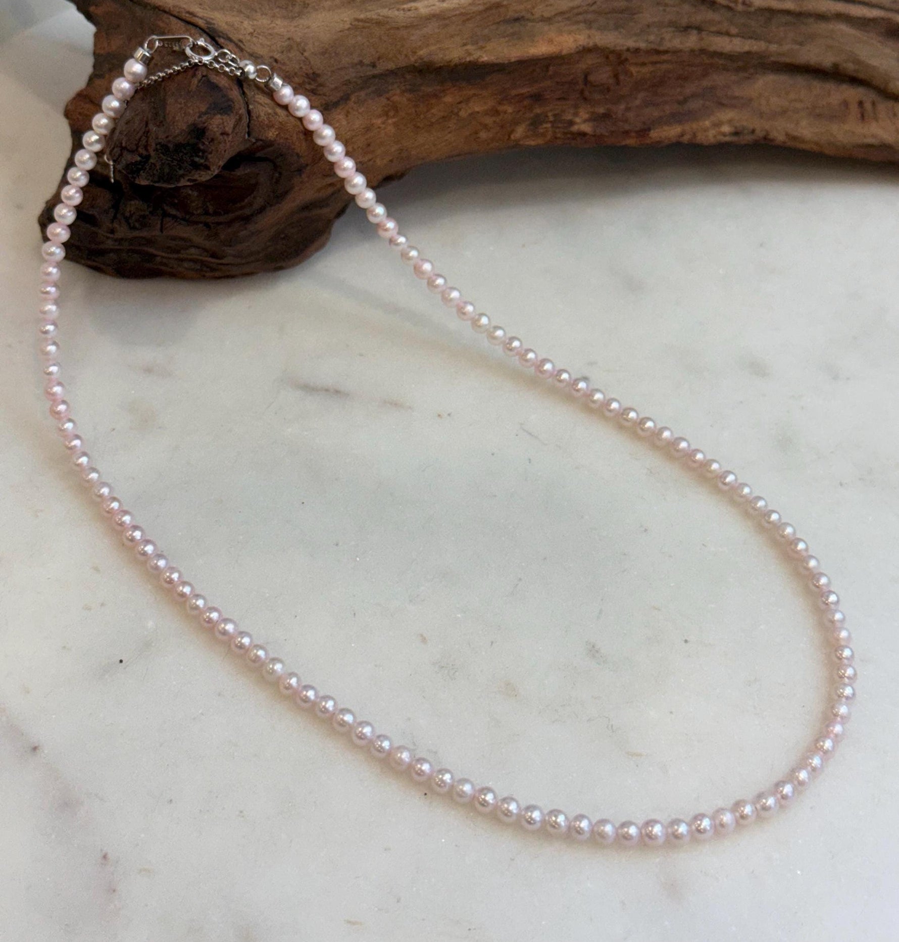 Elly’s Pale Pink Small Pearls Necklace Strand: Extreme luster mirrored,3.7-3.9mm, 17.7”, S925 silver necklace.