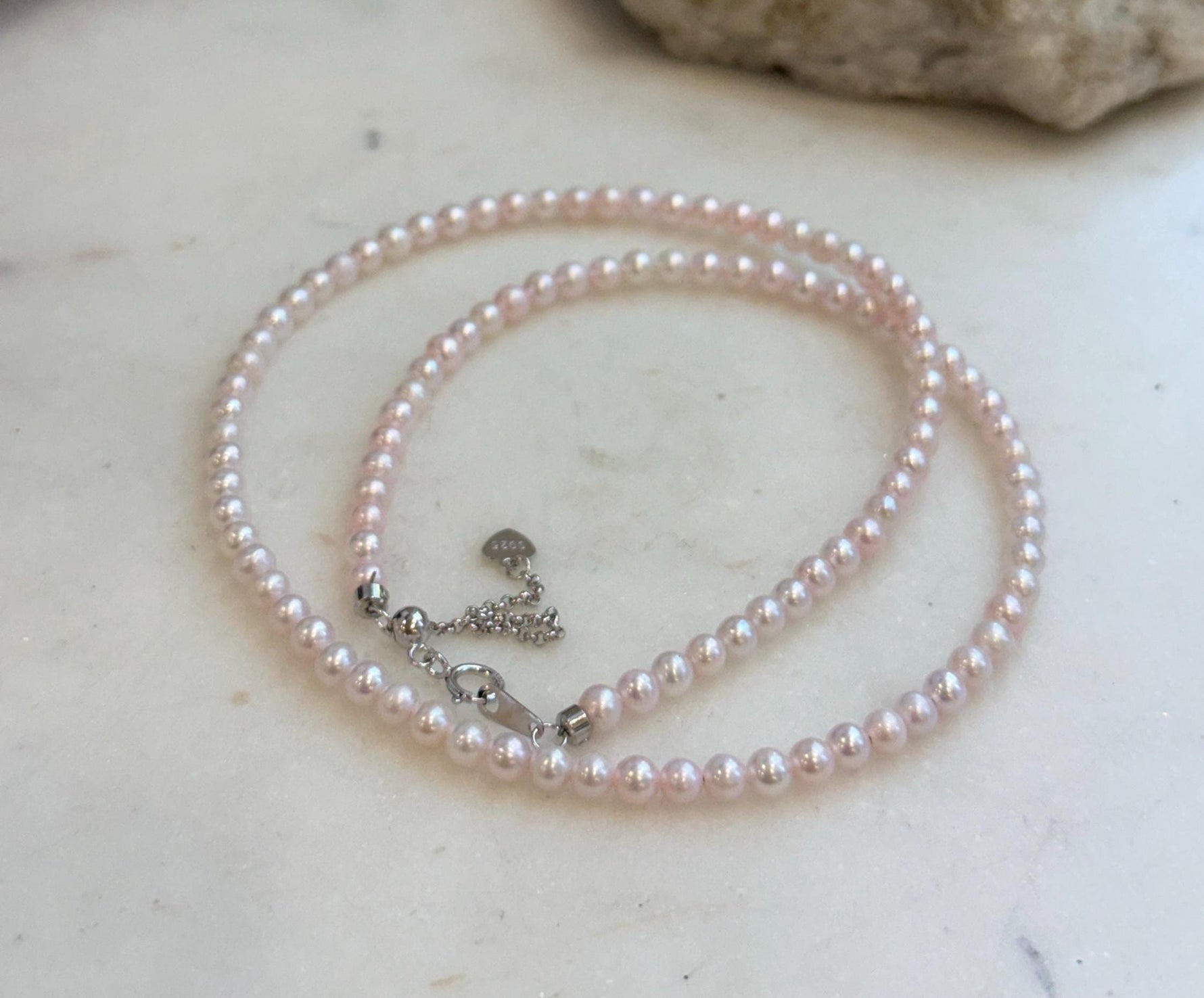 Elly’s Pale Pink Small Pearls Necklace Strand: Extreme luster mirrored,3.7-3.9mm, 17.7”, S925 silver necklace.