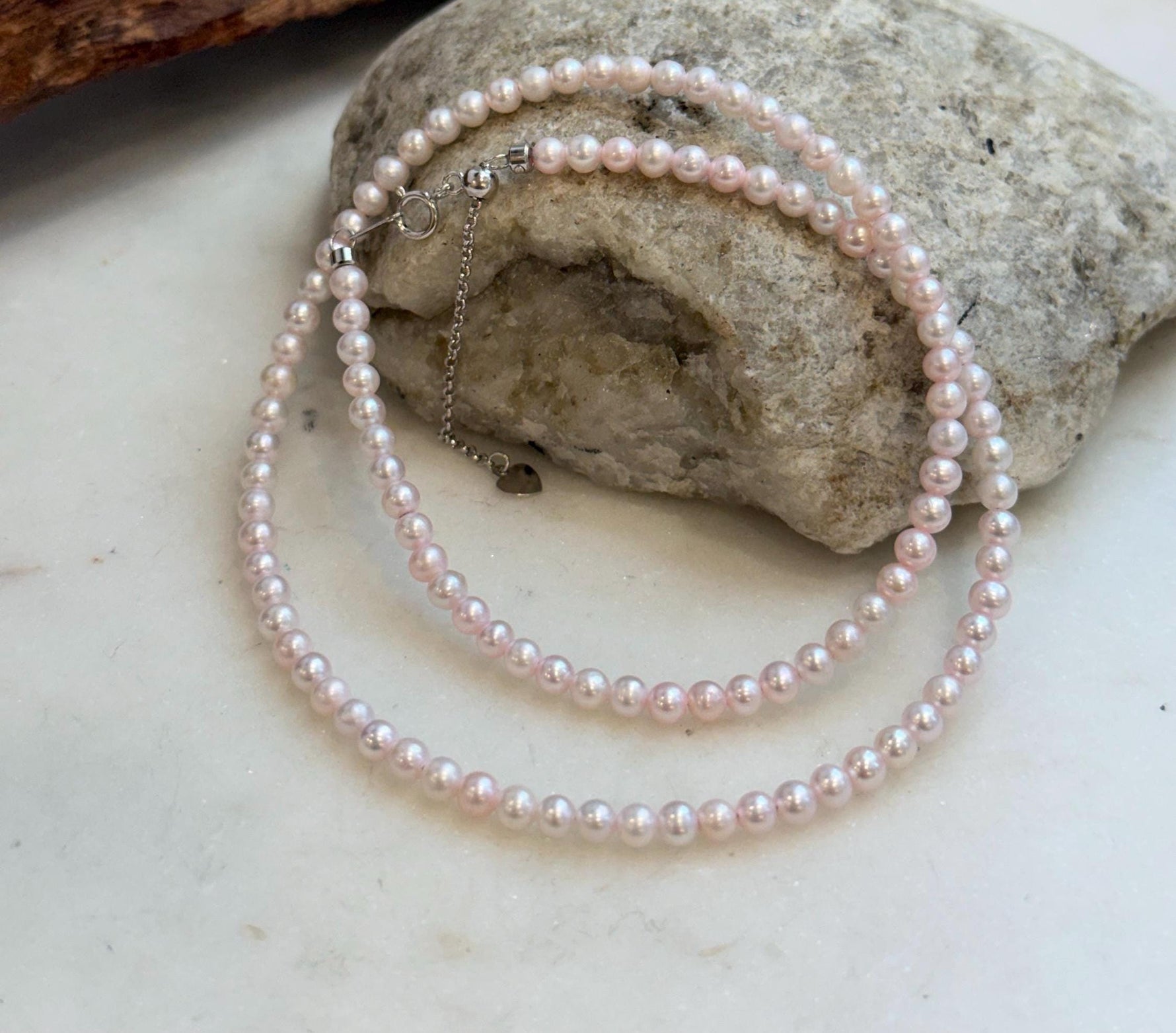 Elly’s Pale Pink Small Pearls Necklace Strand: Extreme luster mirrored,3.7-3.9mm, 17.7”, S925 silver necklace.
