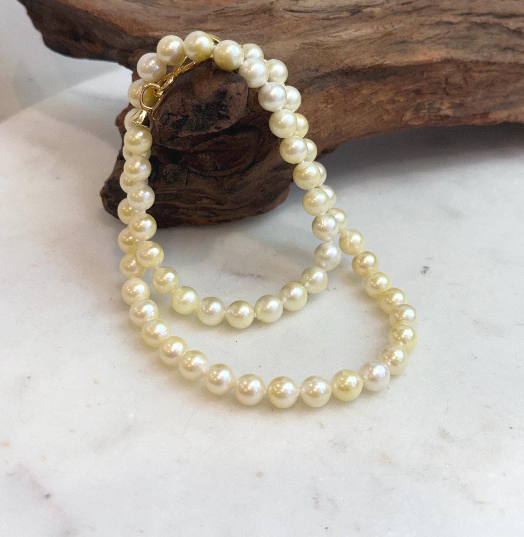 Elly’s 7–7.5mm Japanese Akoya Golden Pearl Necklace | 57 Genuine Saltwater Pearls | Extreme Mirror Luster | 18.4” Knotted | S925 Silver