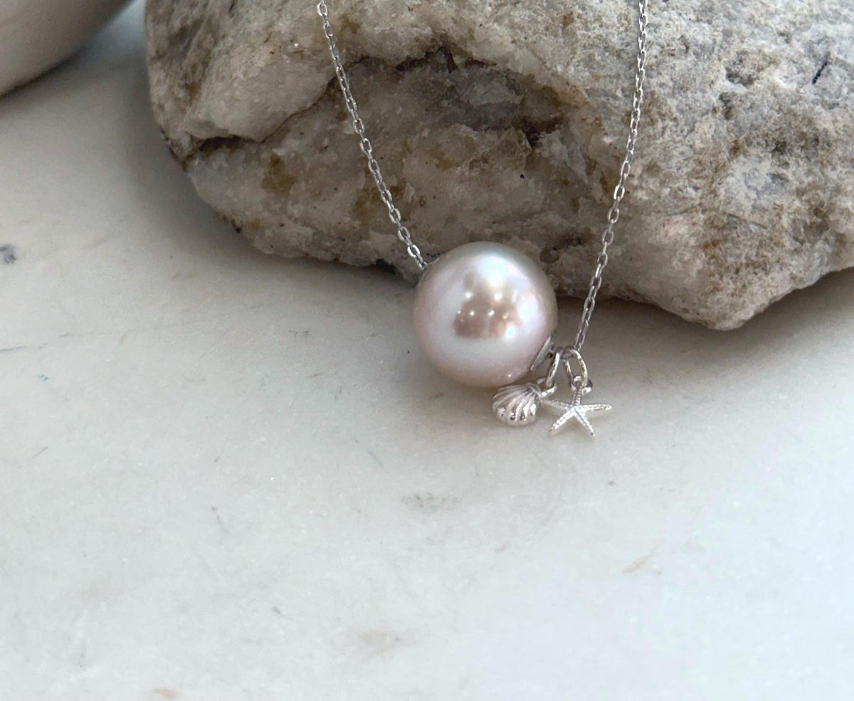 Light rose pink pearl necklace with S925 sterling silver chain