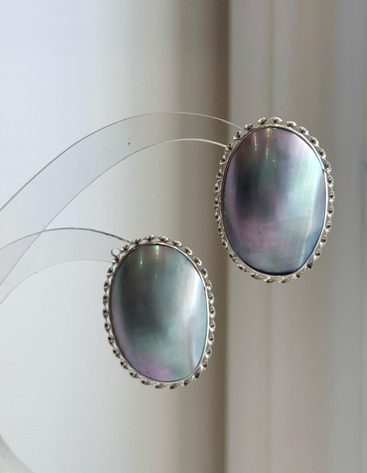 Statement blue Mabe pearl earrings with extreme high luster