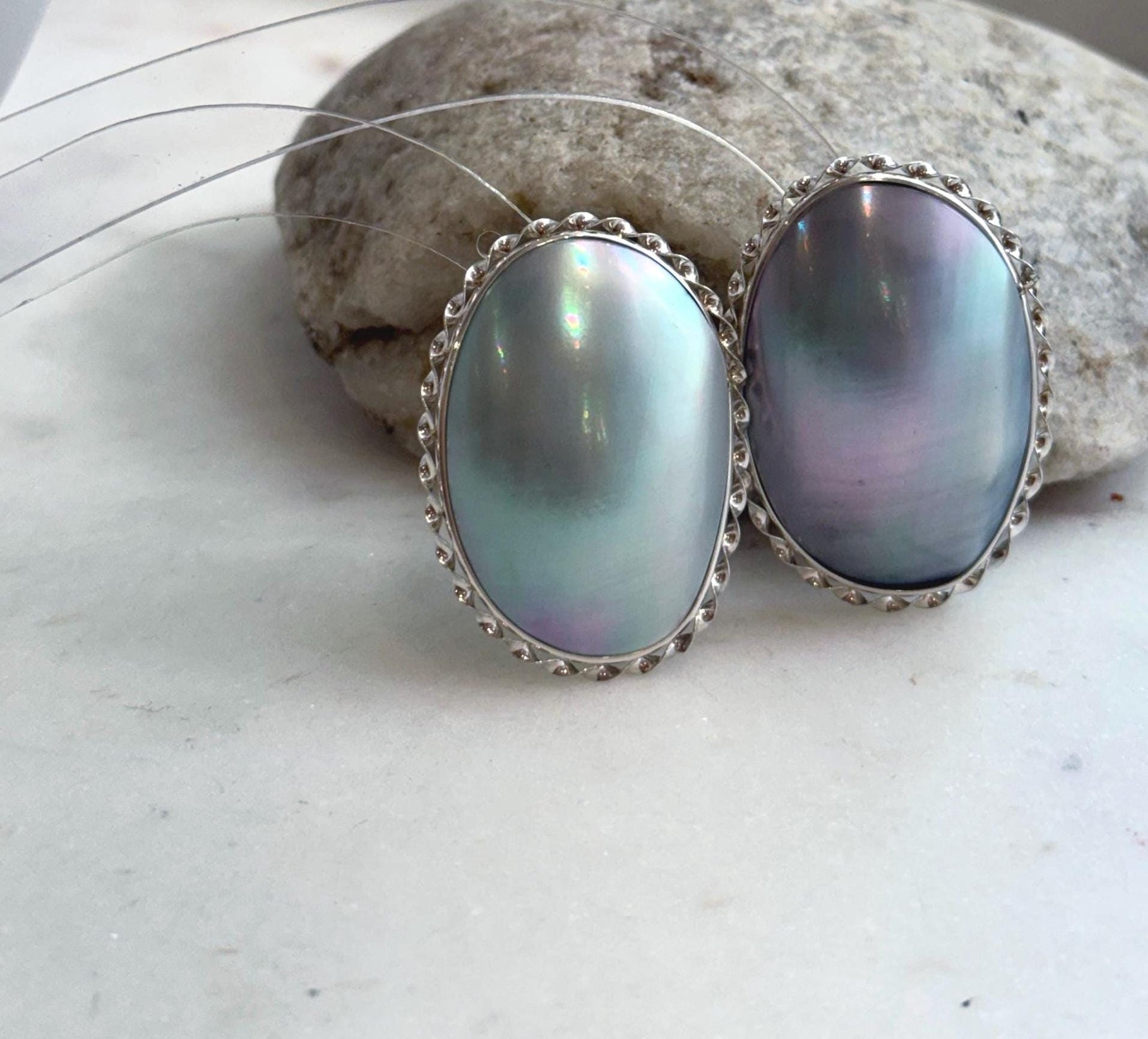 Oversized blue Mabe pearl earrings set in S925 sterling silver