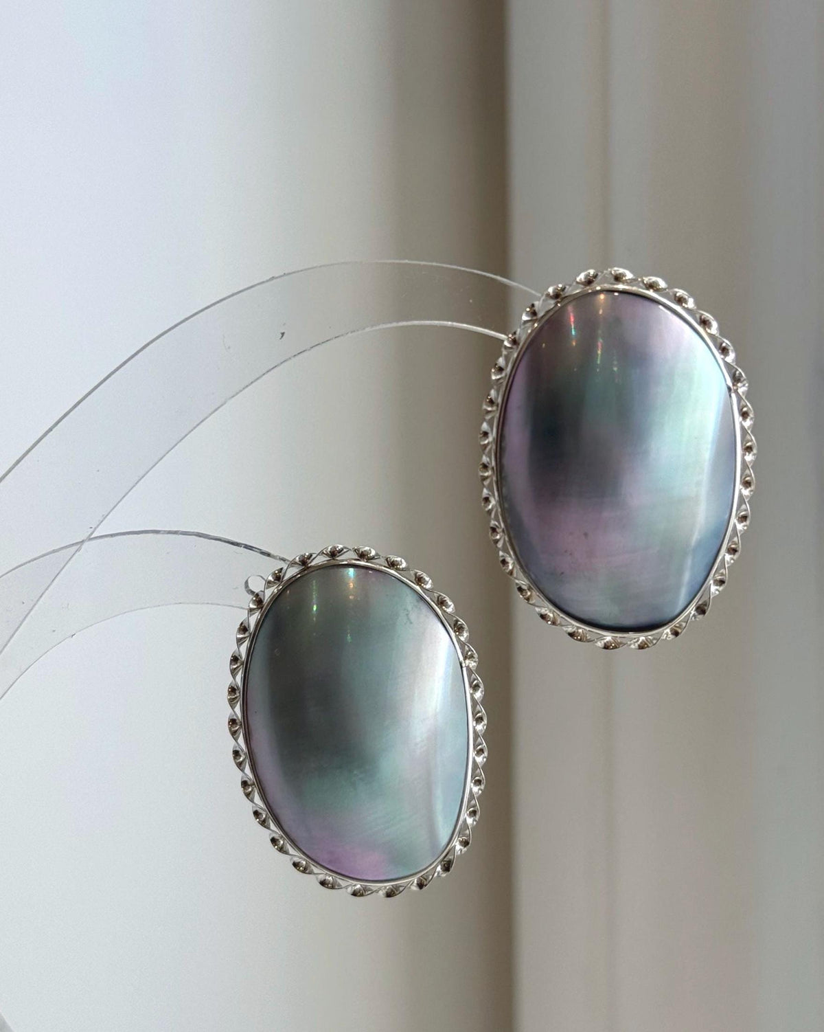 Unique blue iridescent Mabe pearl statement earrings for women