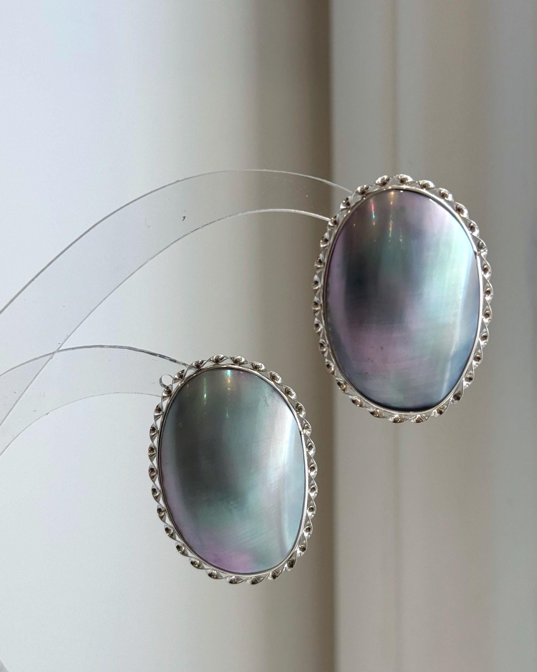 Unique blue iridescent Mabe pearl statement earrings for women