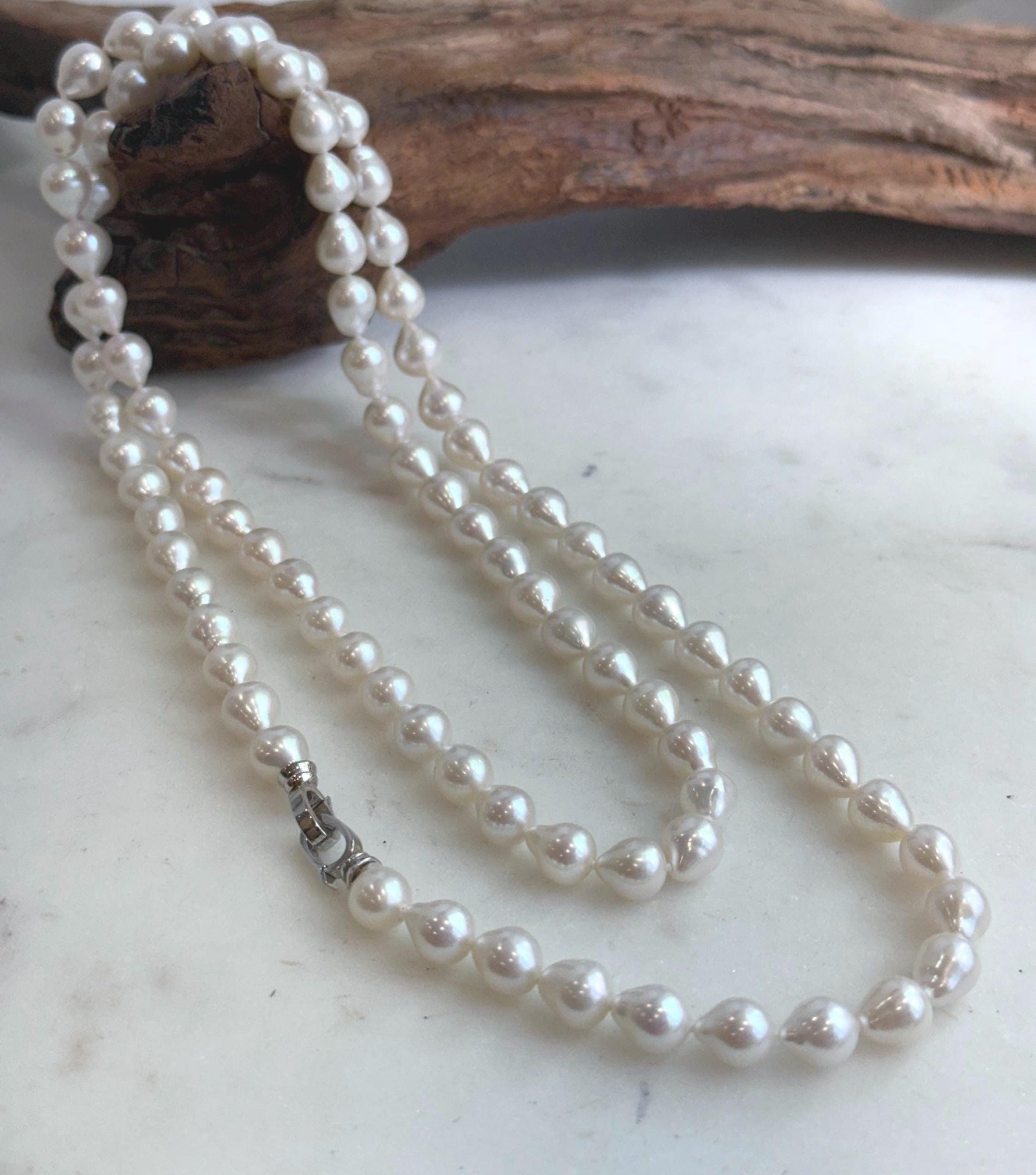 Elly’s 33.2” White Iridescent Drop Pearl Necklace | 7.5–8mm Genuine Pearls | Mirror Luster | Knotted | S925 Sterling Silver