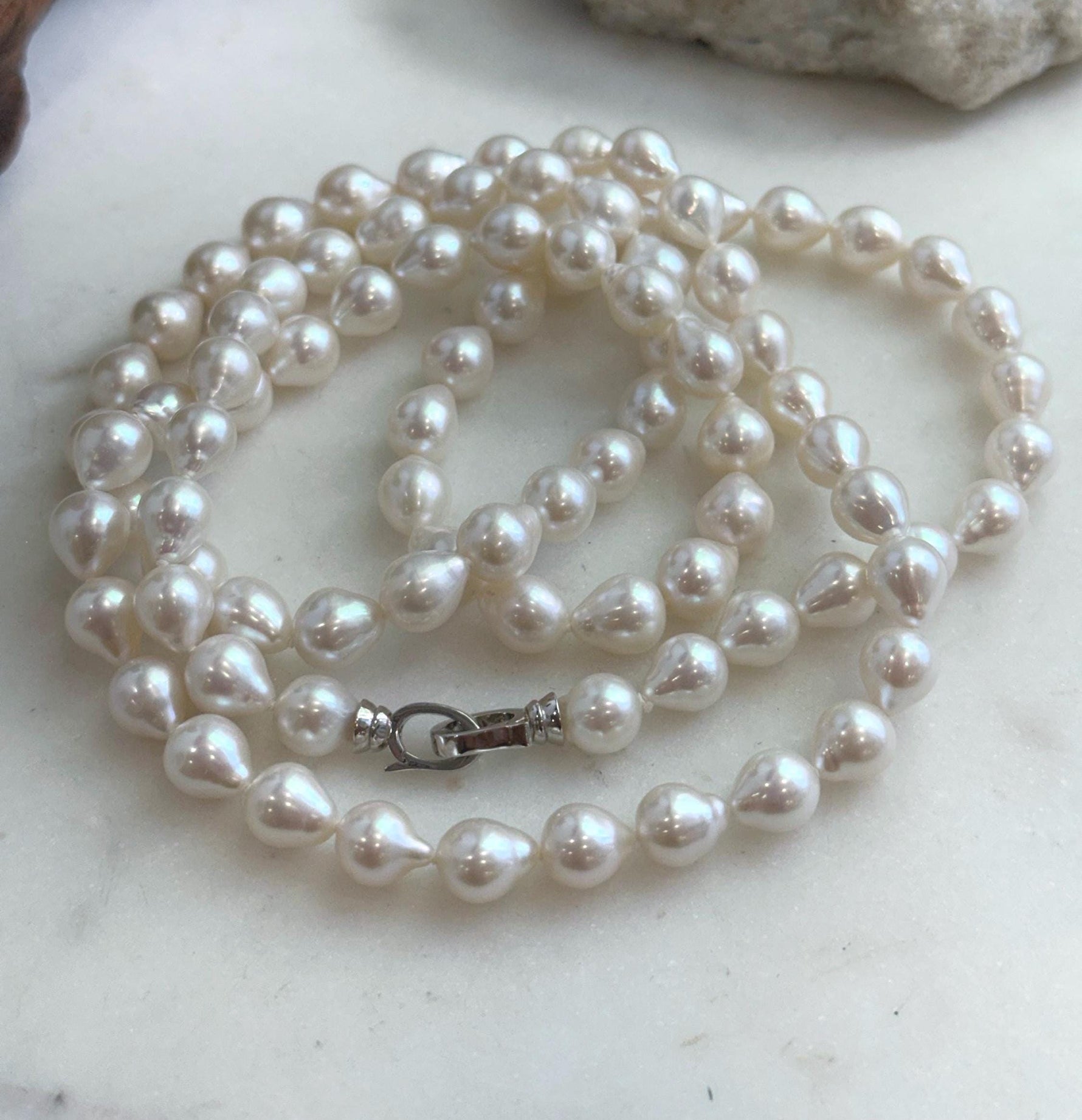 Elly’s 33.2” White Iridescent Drop Pearl Necklace | 7.5–8mm Genuine Pearls | Mirror Luster | Knotted | S925 Sterling Silver
