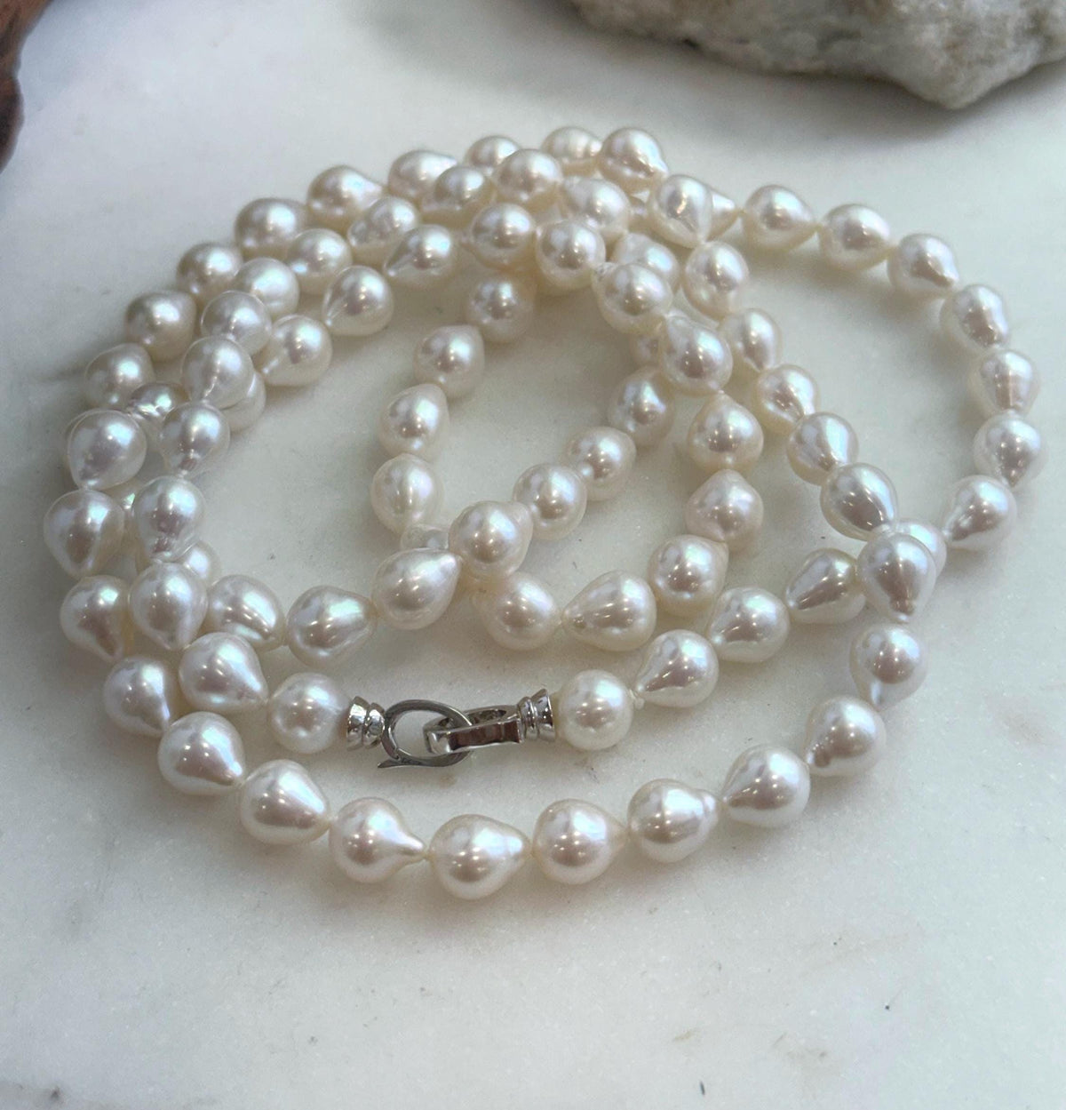 Elly’s 33.2” White Iridescent Drop Pearl Necklace | 7.5–8mm Genuine Pearls | Mirror Luster | Knotted | S925 Sterling Silver