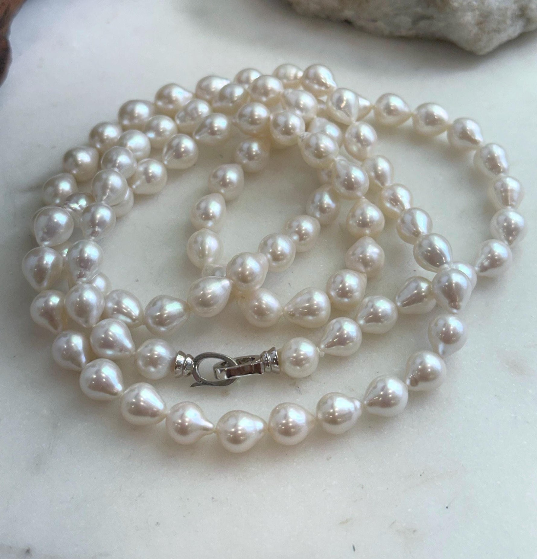 Elly’s 33.2” White Iridescent Drop Pearl Necklace | 7.5–8mm Genuine Pearls | Mirror Luster | Knotted | S925 Sterling Silver