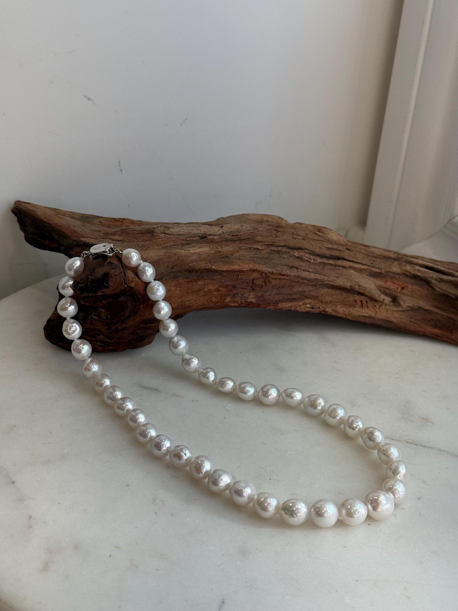 Elly’s 7.7–10.3mm White Silver Freshwater Pearl Necklace Choker | Extreme Mirror Luster | Hand Knotted | 17.4” | S925 Silver
