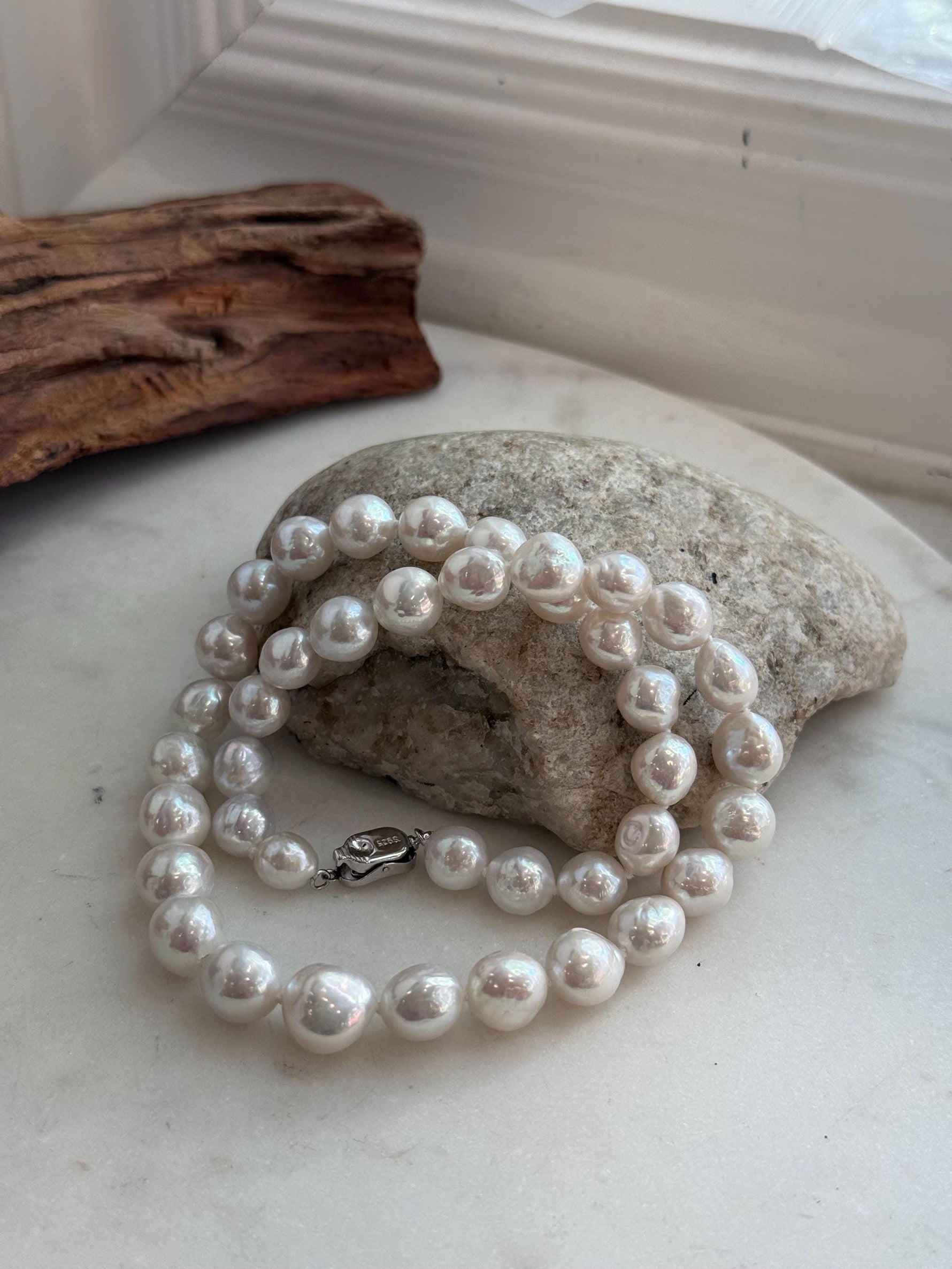 Elly’s 7.7–10.3mm White Silver Freshwater Pearl Necklace Choker | Extreme Mirror Luster | Hand Knotted | 17.4” | S925 Silver