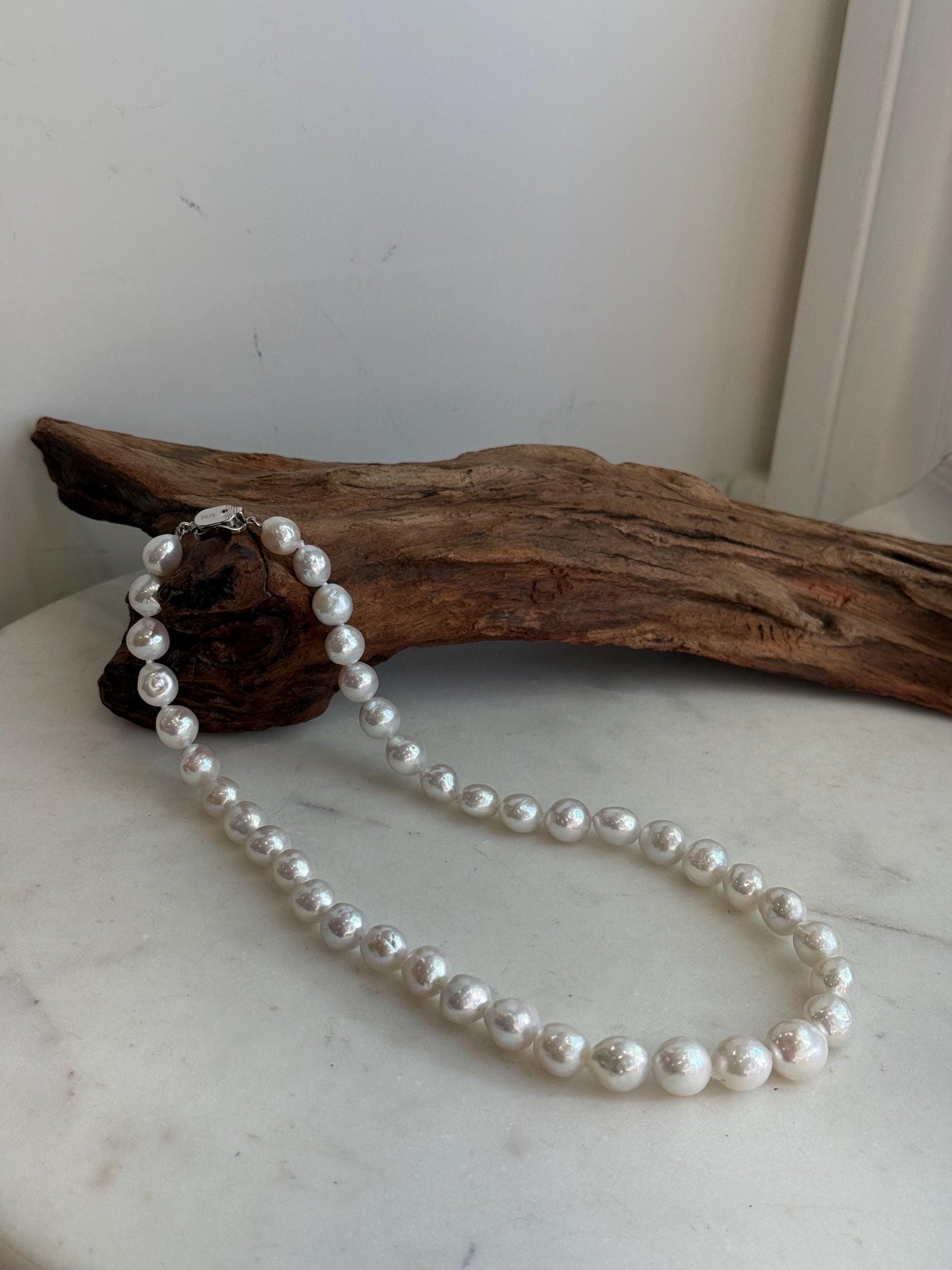 Elly’s 7.7–10.3mm White Silver Freshwater Pearl Necklace Choker | Extreme Mirror Luster | Hand Knotted | 17.4” | S925 Silver