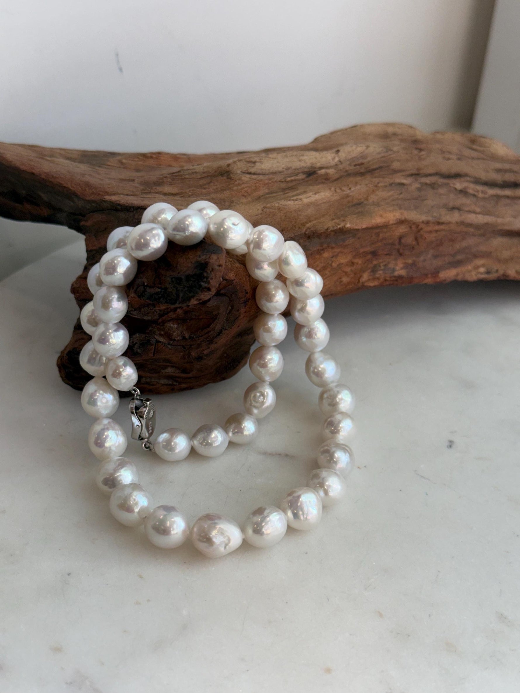 Elly’s 7.7–10.3mm White Silver Freshwater Pearl Necklace Choker | Extreme Mirror Luster | Hand Knotted | 17.4” | S925 Silver