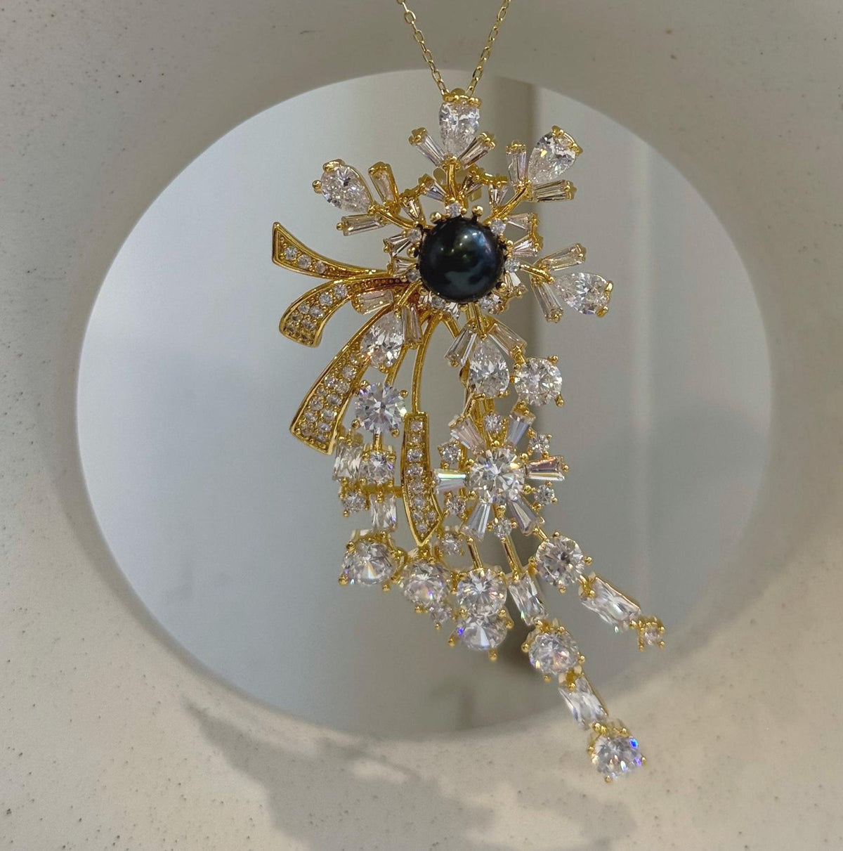 Elly’s 8.2mm Tahitian Piano Black Ocean Pearl Floral Brooch Pendant 2-in-1 | Extreme Luster | Genuine Saltwater Pearl