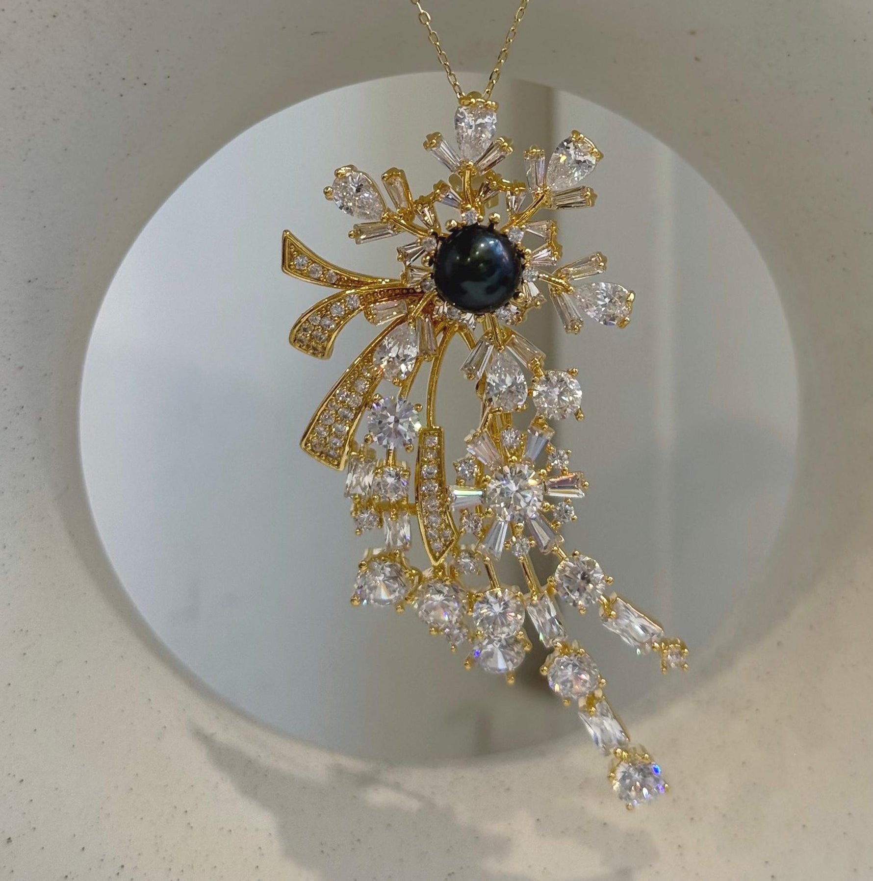 Elly’s 8.2mm Tahitian Piano Black Ocean Pearl Floral Brooch Pendant 2-in-1 | Extreme Luster | Genuine Saltwater Pearl
