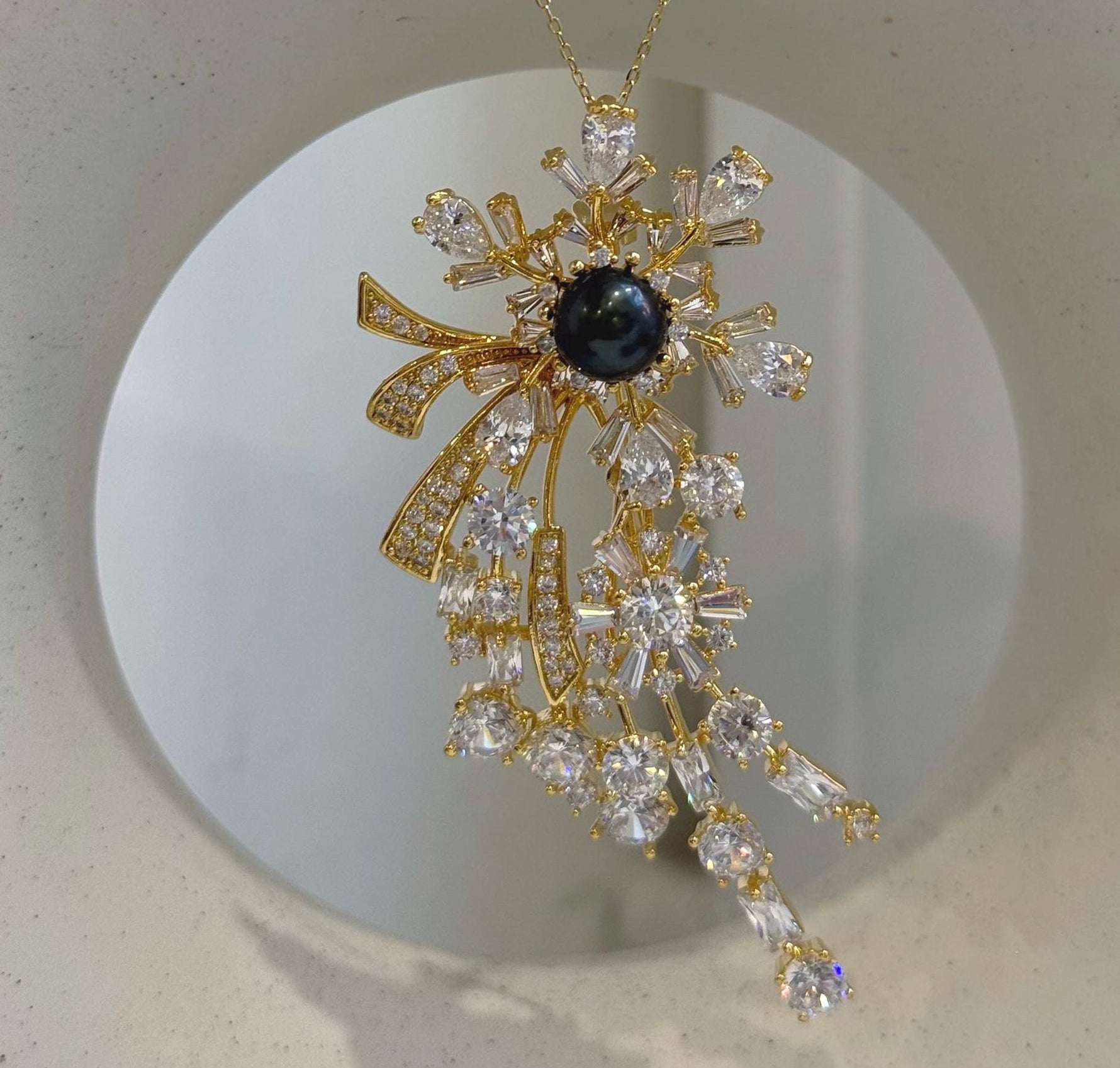 Elly’s 8.2mm Tahitian Piano Black Ocean Pearl Floral Brooch Pendant 2-in-1 | Extreme Luster | Genuine Saltwater Pearl