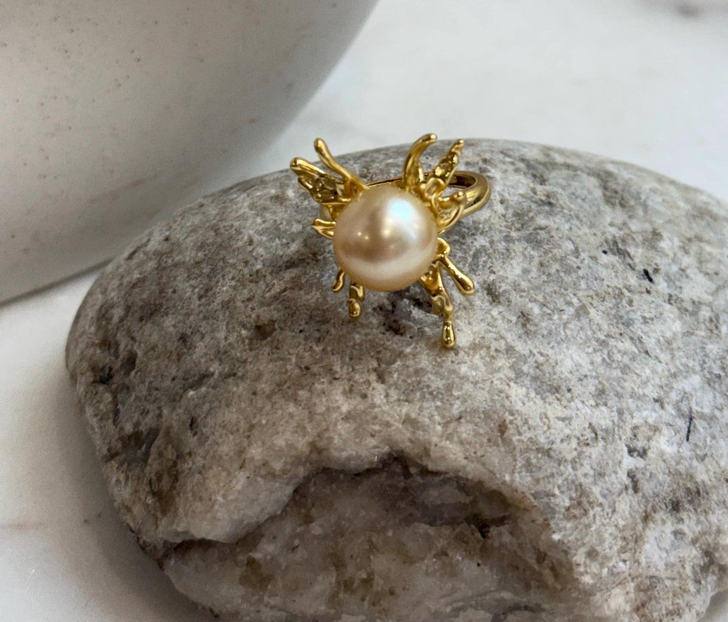 Genuine 11.6mm South Sea golden saltwater pearl ring featuring an elegant butterfly design.