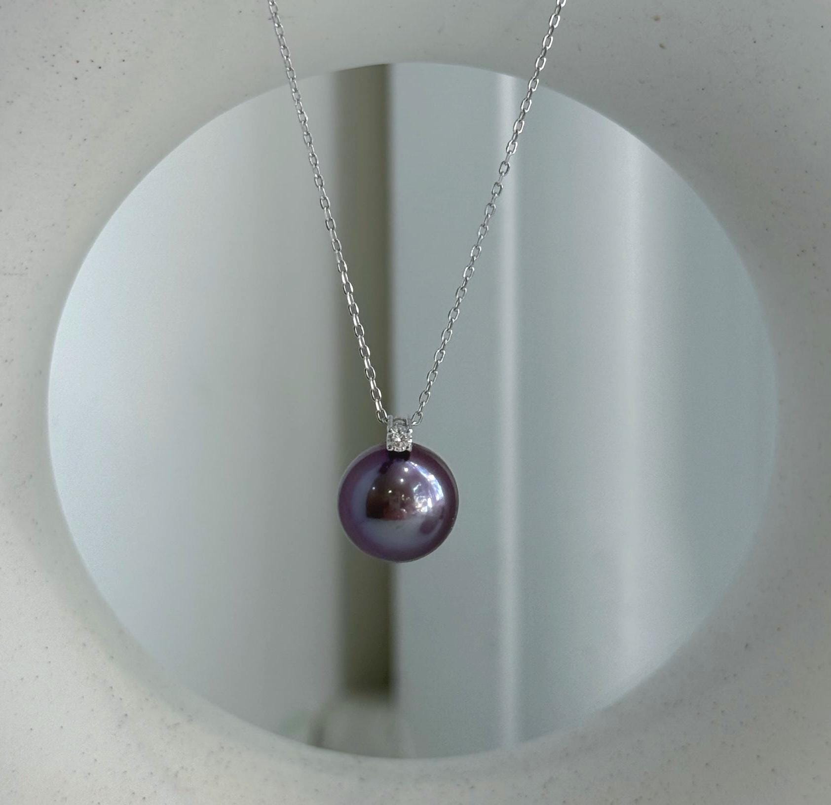 Elegant 11mm purple Edison pearl necklace with 0.05ct genuine diamond and Au750 solid gold pendant.