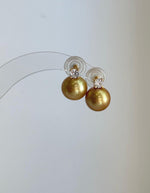 Elegant 11.3mm Edison pearl studs displaying rich golden color and exceptional reflective luster.