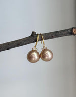 12mm Edison rose champagne gold pearl hook earrings with extreme luster and S925 sterling silver.