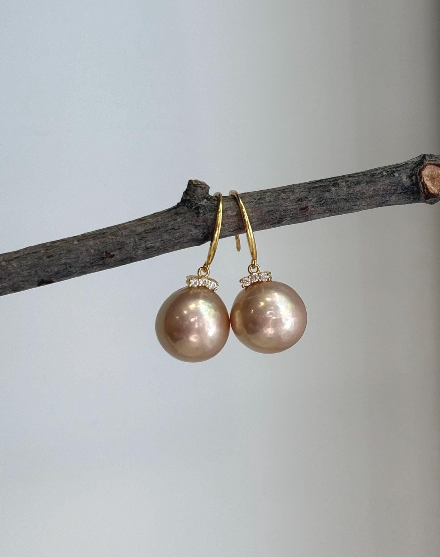 12mm Edison rose champagne gold pearl hook earrings with extreme luster and S925 sterling silver.
