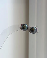 Genuine Tahitian saltwater pearl cat earrings featuring rich peacock hunter tones and brilliant mirror luster.