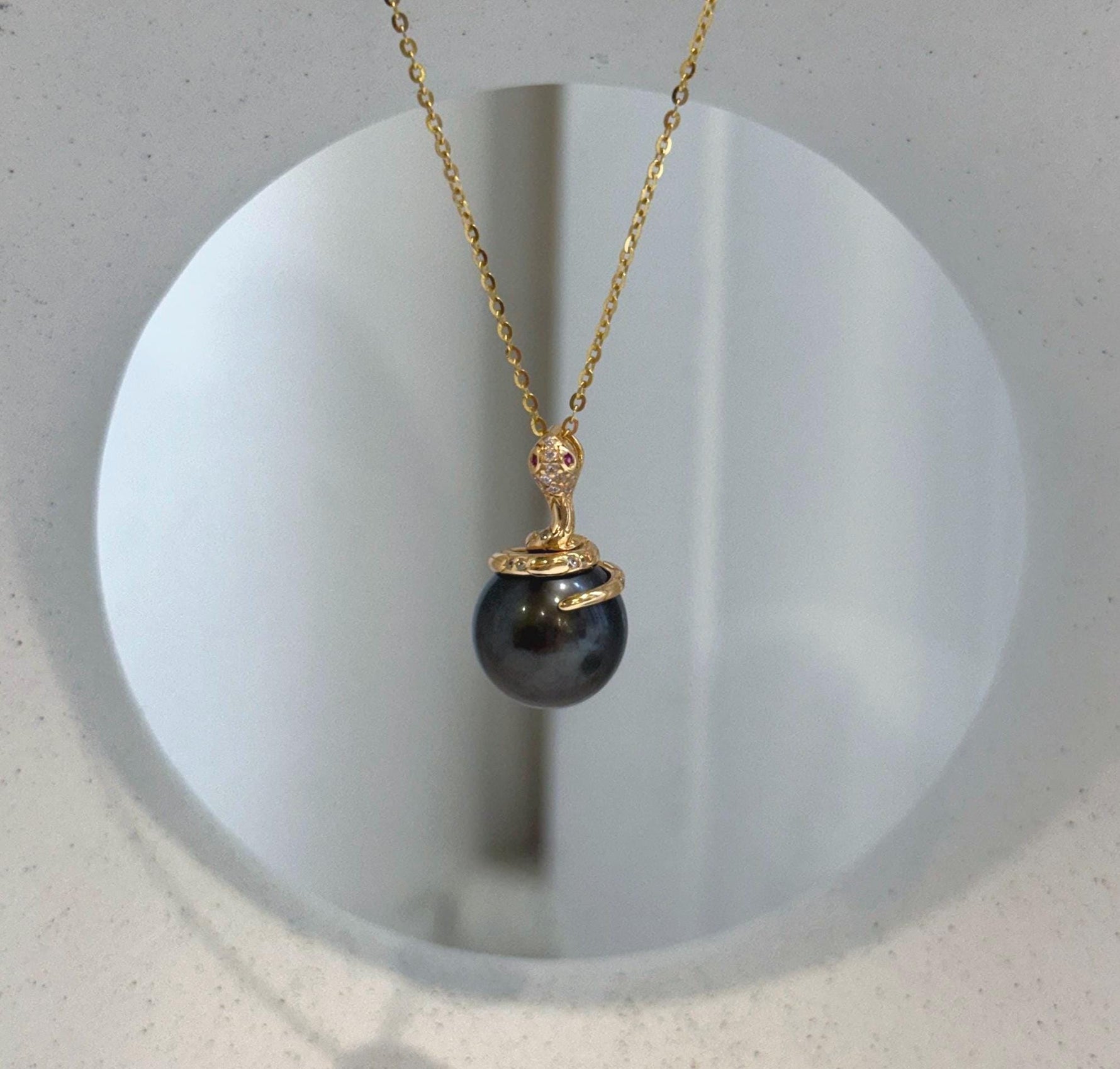 Statement Tahitian chocolate pearl snake pendant with mirror luster and S925 silver